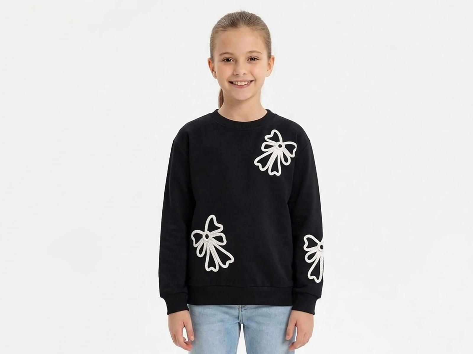 Toptan İ-CAN Fiyonk Nakışlı Kız Sweat Toptan Bebek Çocuk Giyim - Beniz Kids