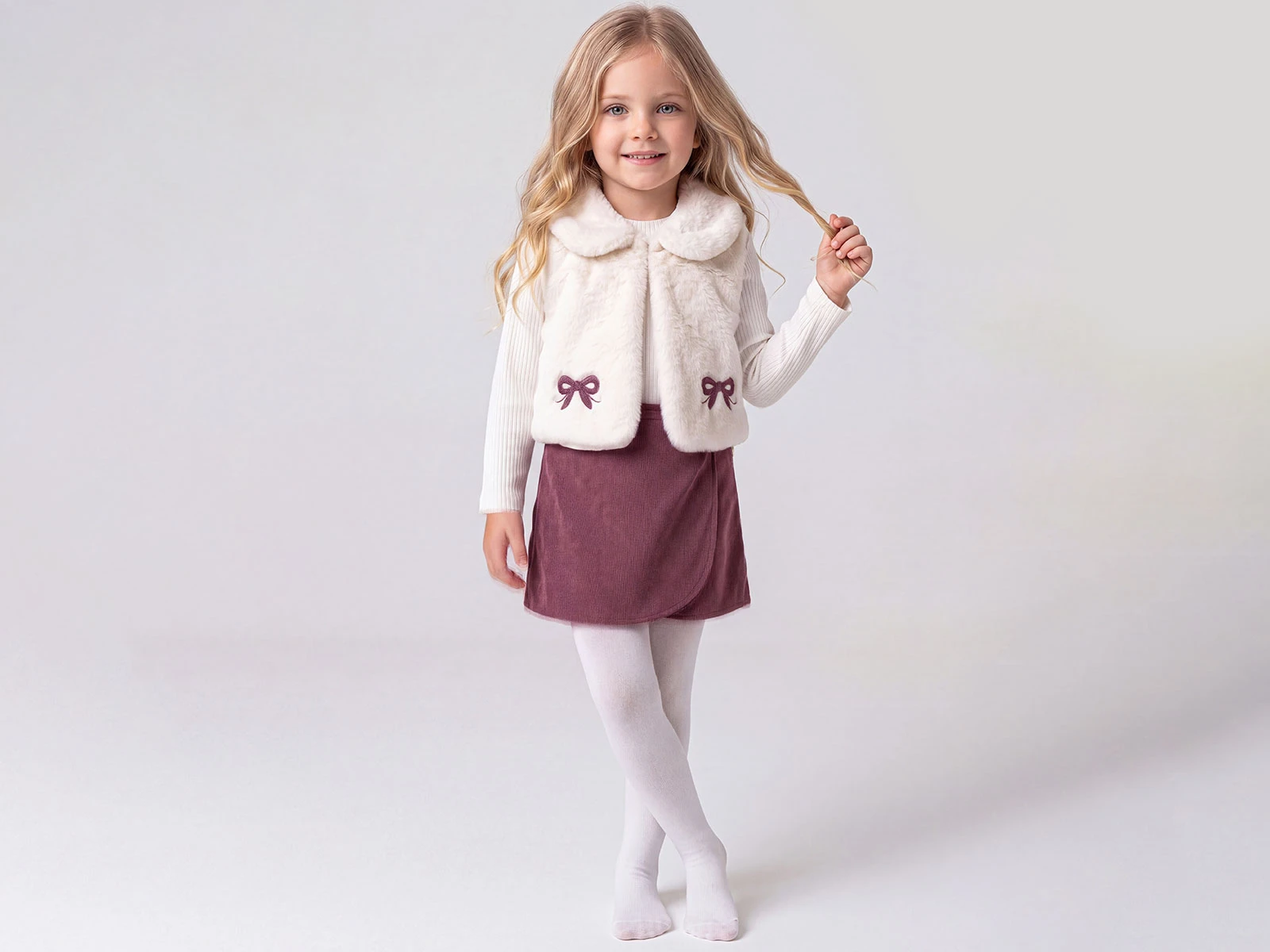 Toptan ÇİLEK BEBE Fiyonk Nakışlı Peluş Yelekli Üçlü Kız Takım Toptan Bebek Çocuk Giyim - Beniz Kids