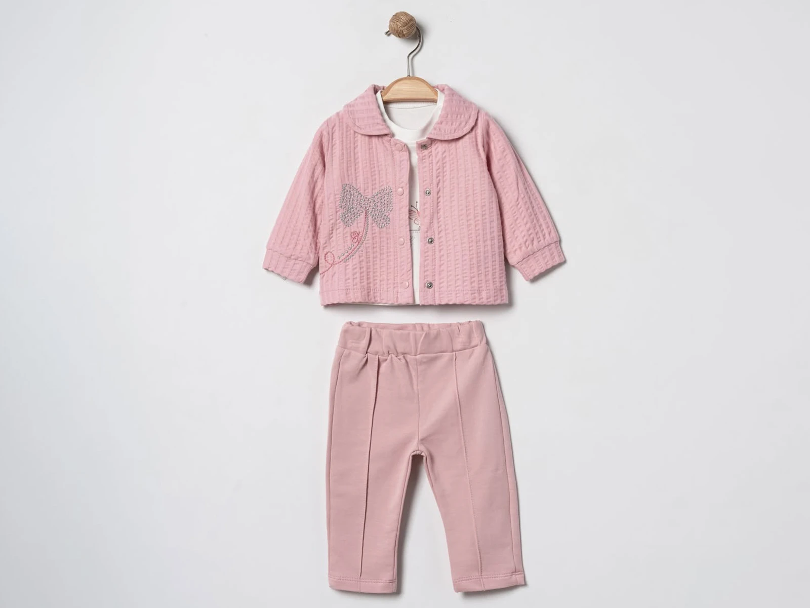 Toptan ELCİ BABY Fiyonk Nakışlı Üçlü Kız Bebe Takım Toptan Bebek Çocuk Giyim - Beniz Kids