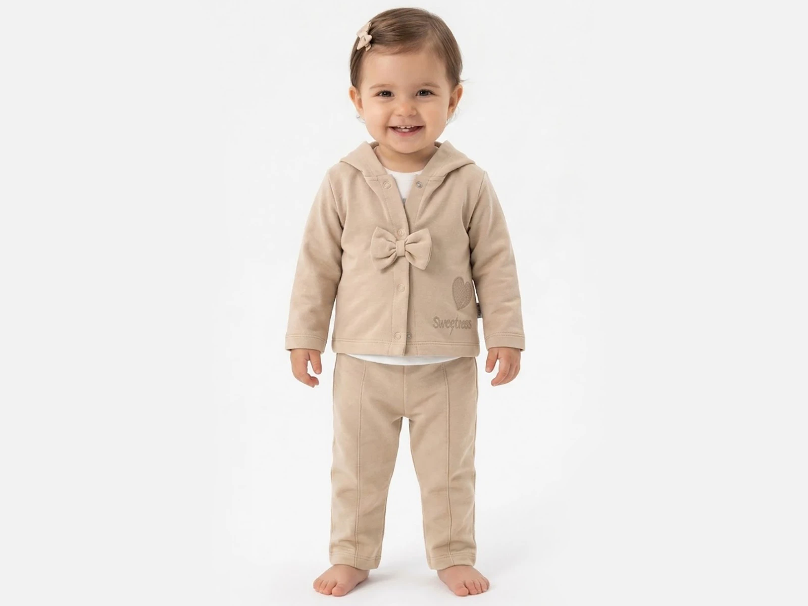 Fiyonklu Kalpli Kız Bebe 3'lü Takım 