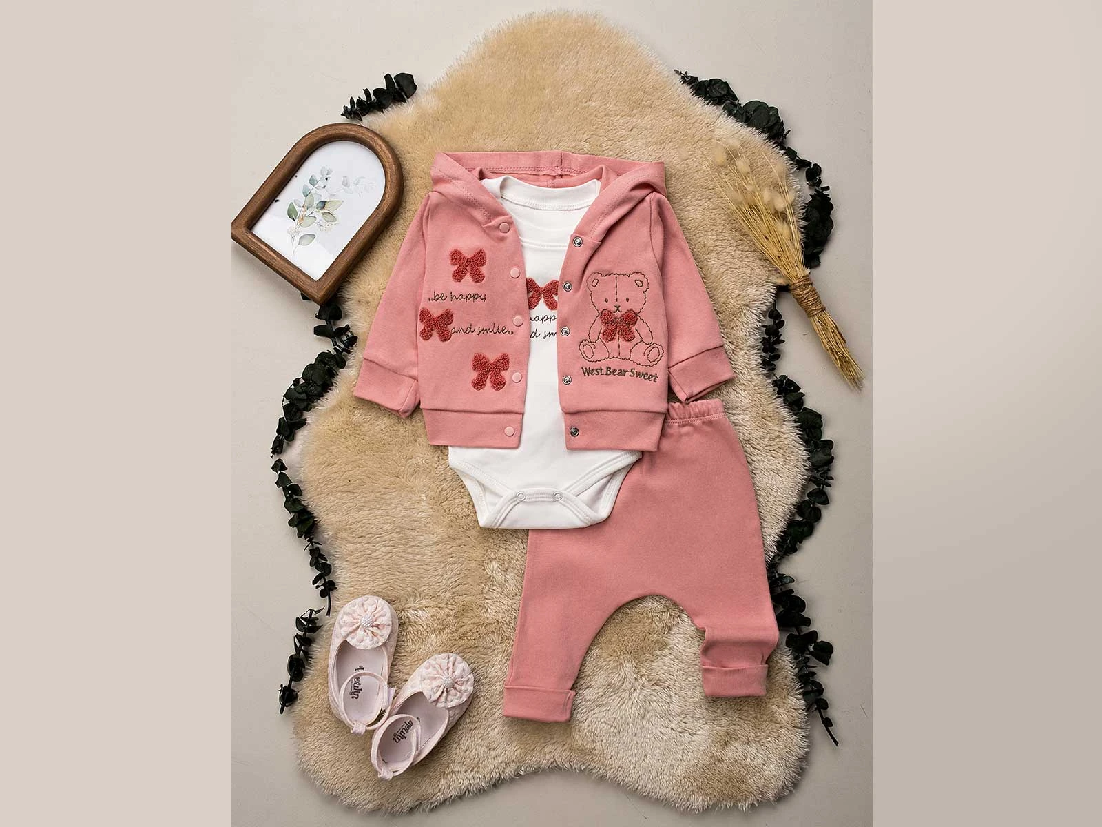 Ayıcıklı & Fiyonklu Kız Bebe Takım 