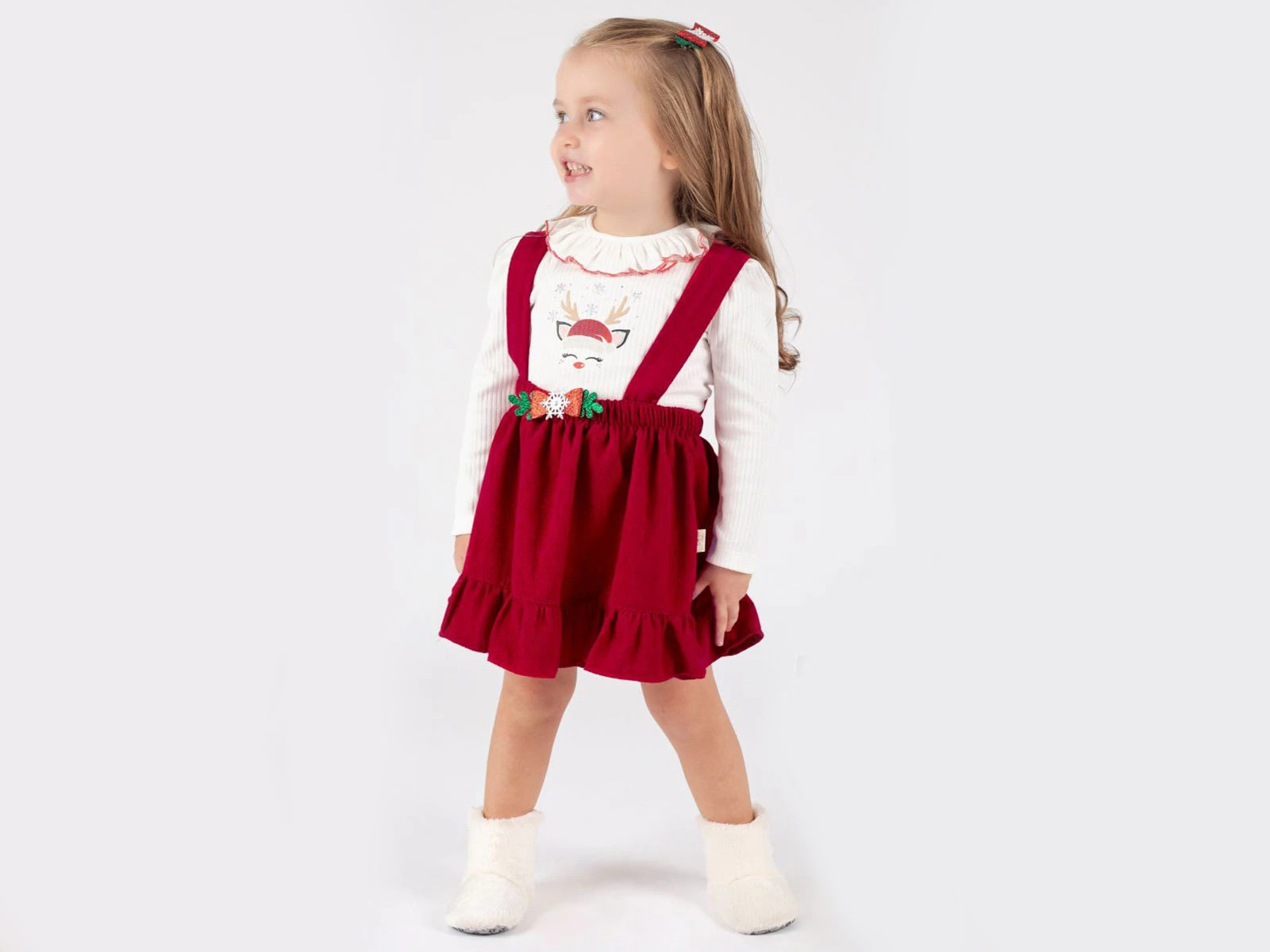 Toptan ÇİLEK BEBE Geyik Baskılı Noel Yılbaşı Kız İkili Salopet Set Toptan Bebek Çocuk Giyim - Beniz Kids