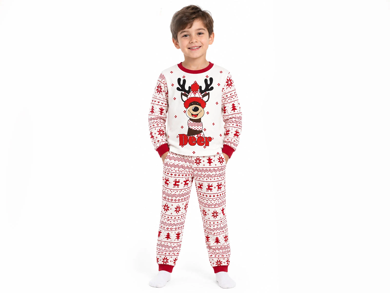Toptan SÜPERMİNİ Geyik Baskılı Noel Yılbaşı Unisex Pijama Takım Toptan Bebek Çocuk Giyim - Beniz Kids