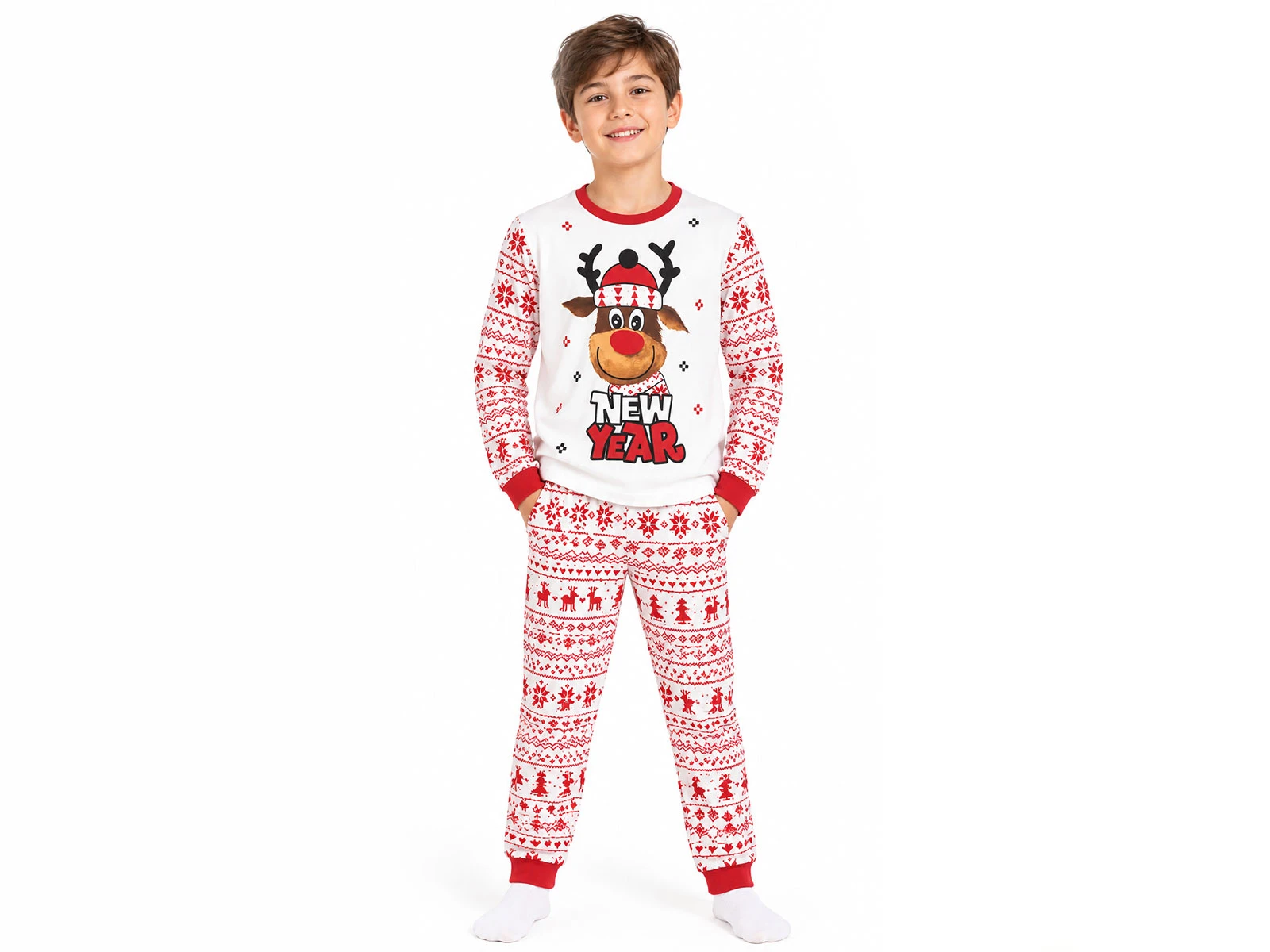 Toptan SÜPERMİNİ Geyik Baskılı Noel Yılbaşı Unisex Pijama Takım Toptan Bebek Çocuk Giyim - Beniz Kids