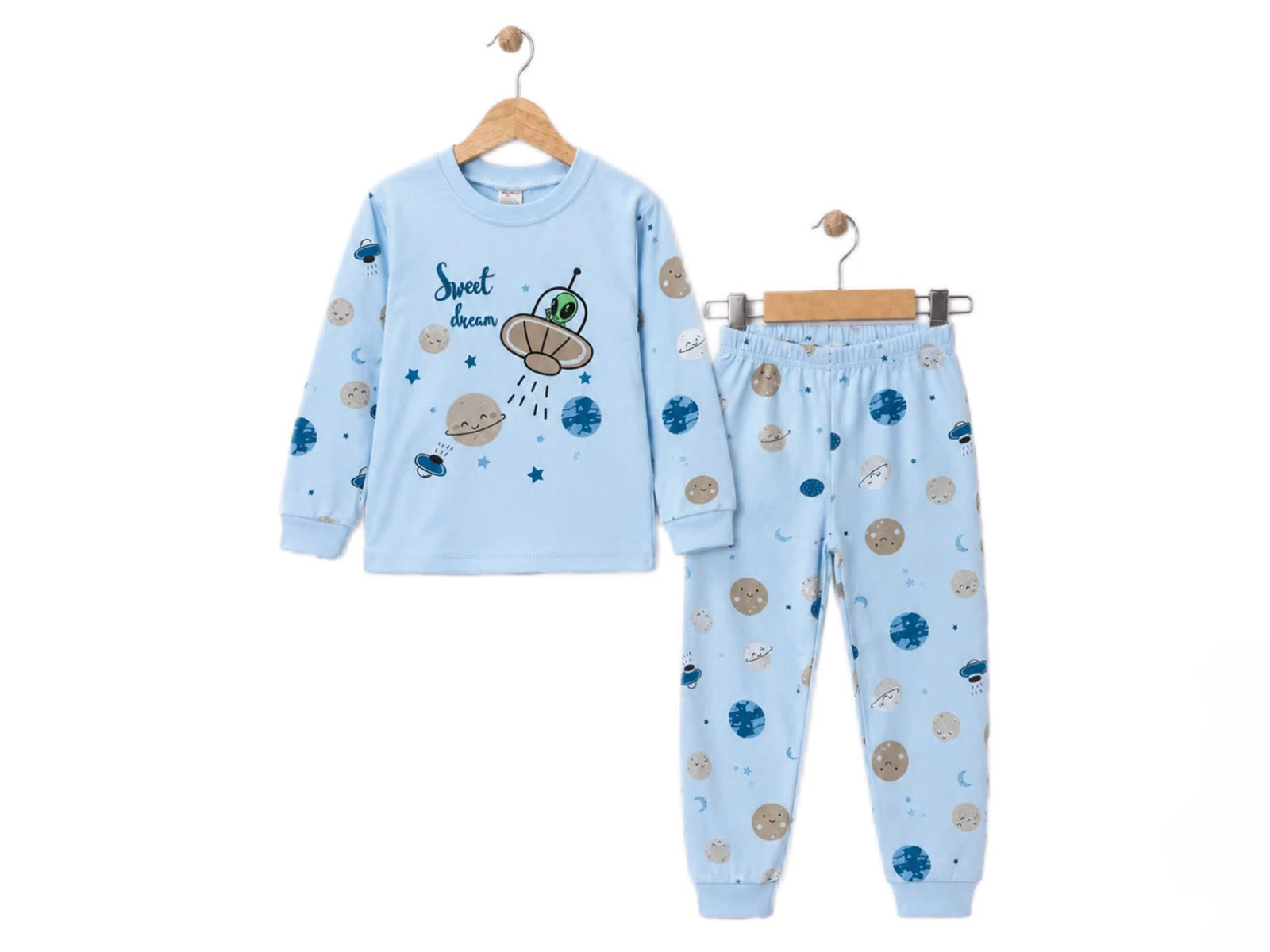 Toptan SÜPERMİNİ Gezegen Baskılı Erkek Çocuk Pijama Takımı Toptan Bebek Çocuk Giyim - Beniz Kids