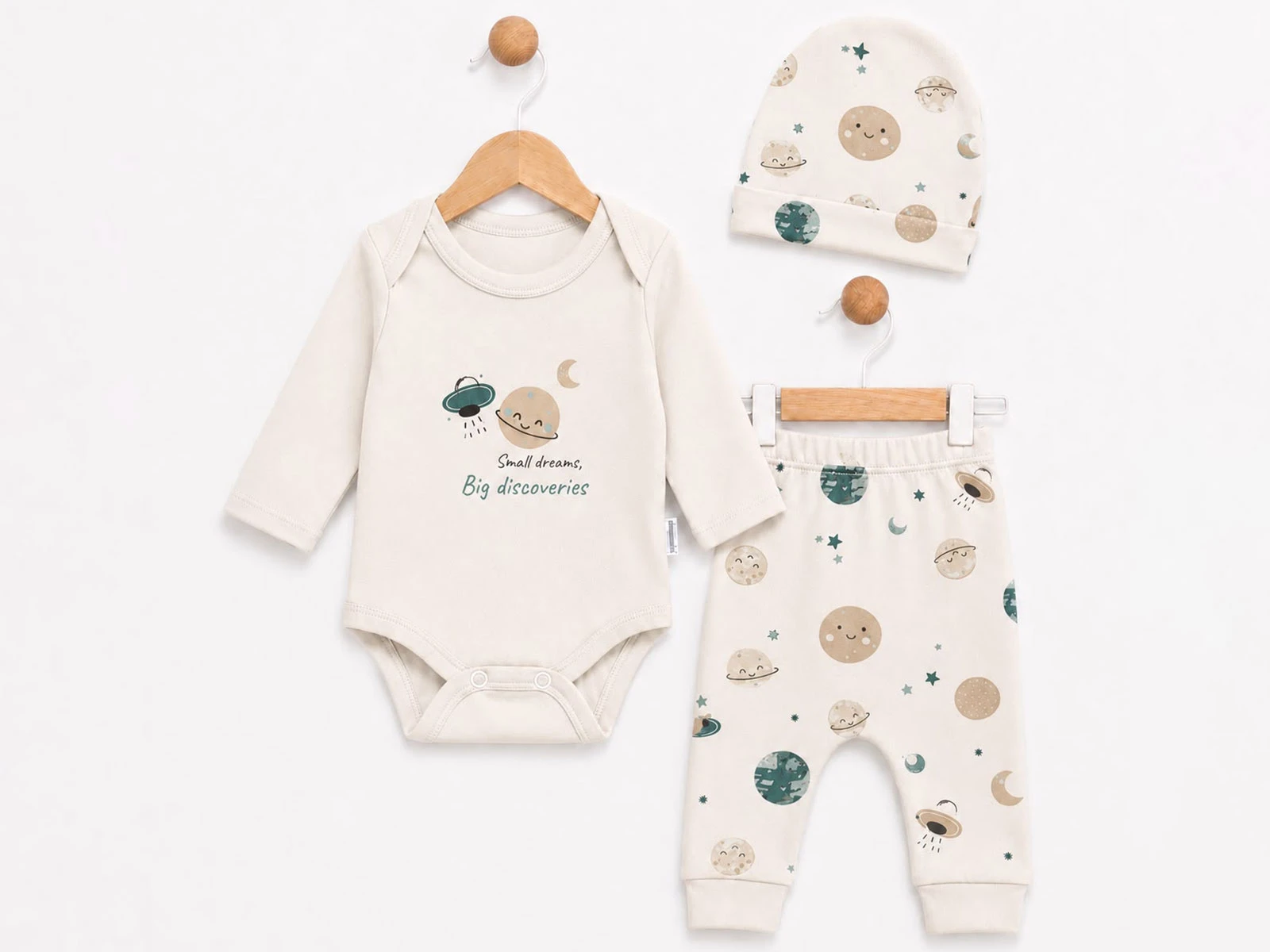 Toptan SÜPERMİNİ  Gezegen Desenli Erkek Bebe Üçlü Takım  Toptan Bebek Çocuk Giyim - Beniz Kids