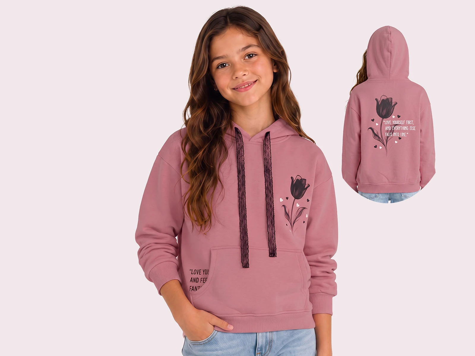 Toptan ROYA KİDS Gül Baskılı Kanguru Cepli 3 İp Şardonlu Kız Sweat  Toptan Bebek Çocuk Giyim - Beniz Kids