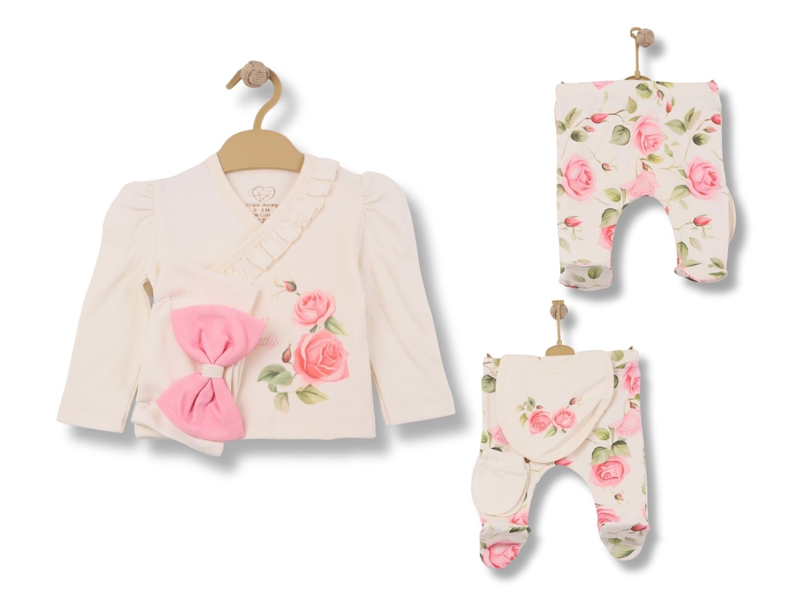 Toptan ESYA Güllü Desenli Yenidoğan Kız Bebe 5li Set Toptan Bebek Çocuk Giyim - Beniz Kids