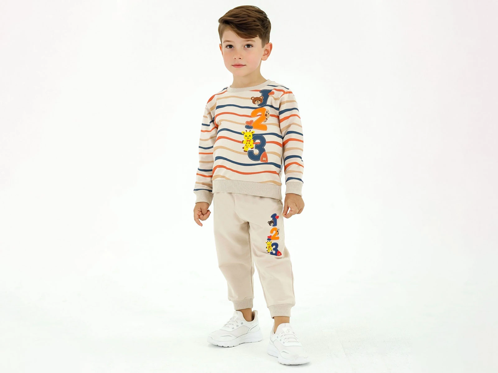 Toptan BICIR KİDS Hayvan Baskılı Çizgi Desenli Erkek Takım  Toptan Bebek Çocuk Giyim - Beniz Kids
