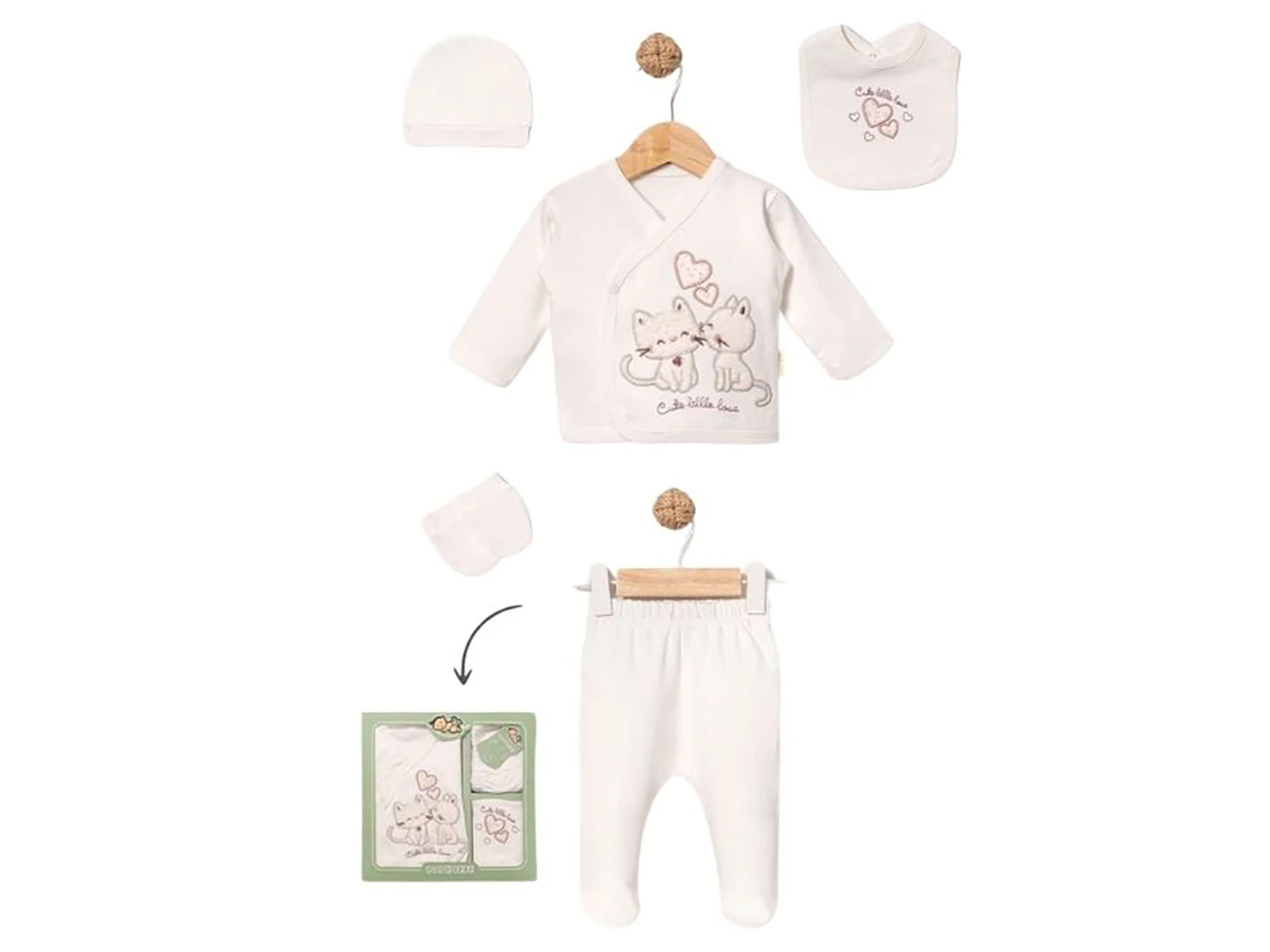 Toptan BABY ZUHU İkili Kedi Detay 5'li Hastane Çıkışı Kız Bebek Zıbın Set Toptan Bebek Çocuk Giyim - Beniz Kids