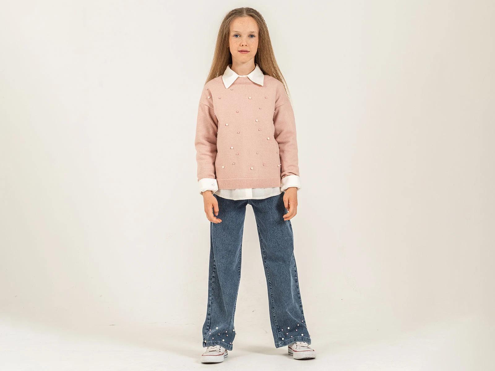Toptan PAMPAL KİDS İnci Detaylı Trikolu Üçlü Kız Takım Toptan Bebek Çocuk Giyim - Beniz Kids