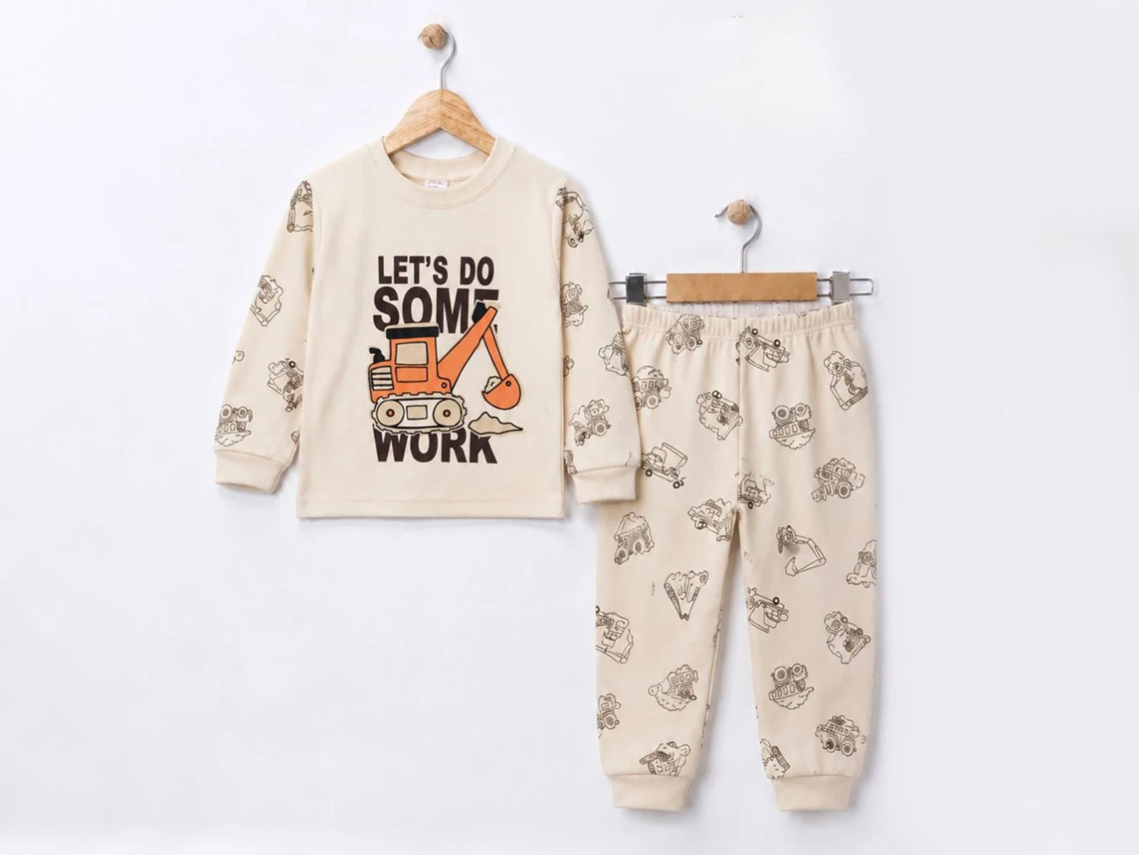 Toptan SÜPERMİNİ İş Makinası Baskılı Erkek Bebek Pijama Takımı Toptan Bebek Çocuk Giyim - Beniz Kids