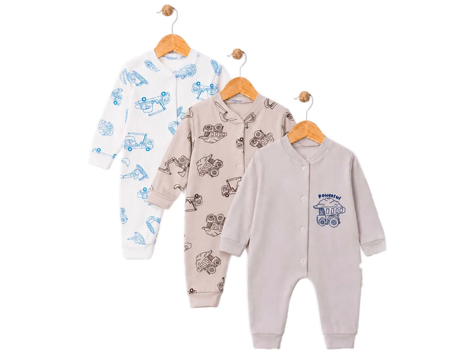 Toptan SÜPERMİNİ  İş Makinesi Desenli Erkek Bebe Üçlü Tulum Toptan Bebek Çocuk Giyim - Beniz Kids