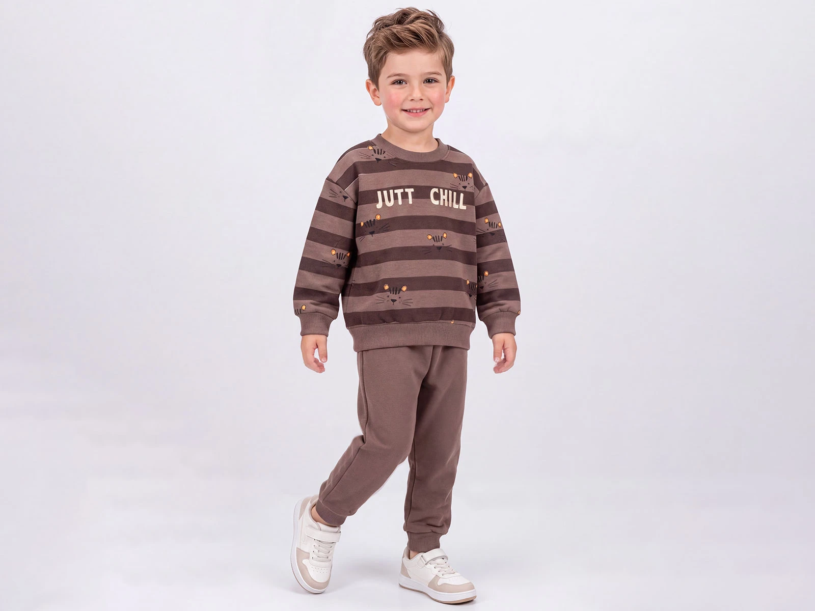 Toptan FEELY KİDS Jutt Chill Baskılı Kedi Desenli 3 İp Şardonlu Erkek Takım  Toptan Bebek Çocuk Giyim - Beniz Kids