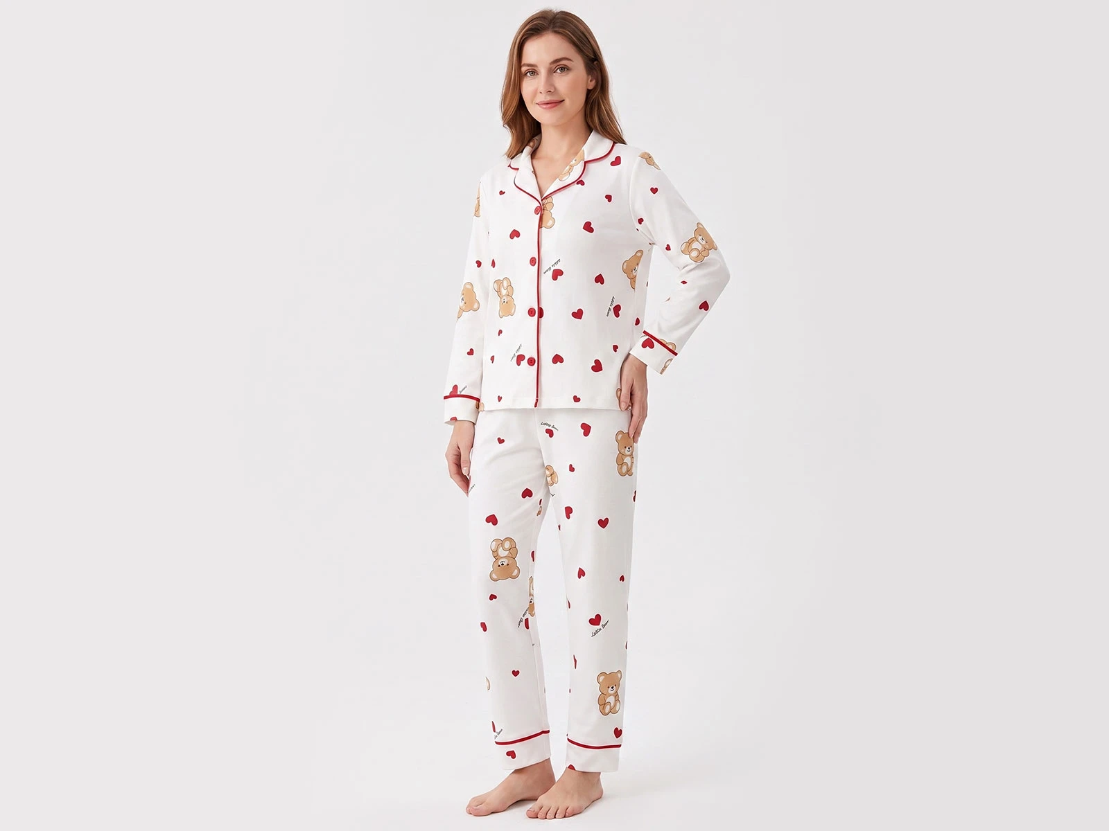 Toptan DOLAŞ Kalp & Ayıcık Desenli Kız Yetişkin Beden Pijama Takım  Toptan Bebek Çocuk Giyim - Beniz Kids