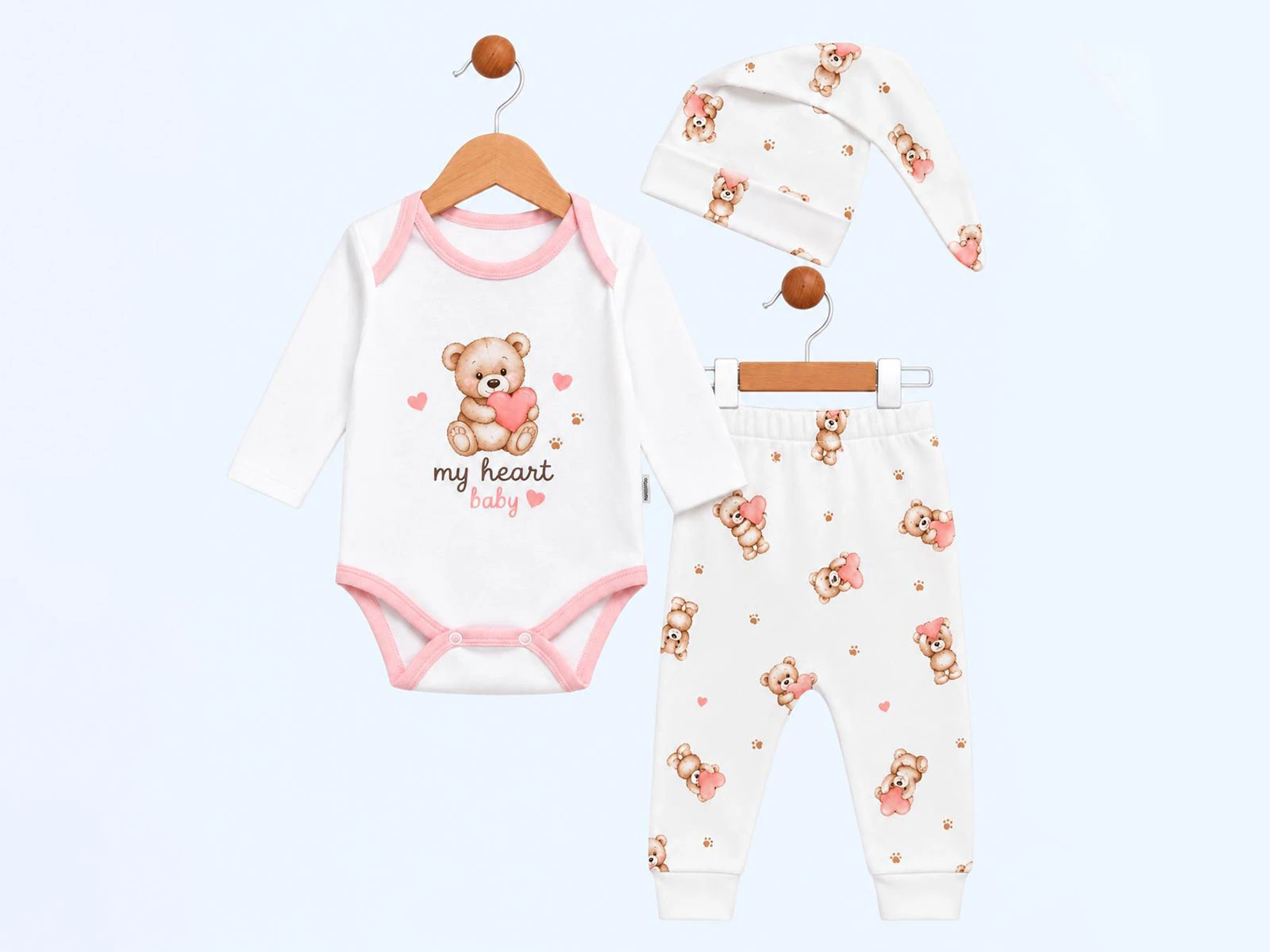 Toptan SÜPERMİNİ Kalp Baskılı 3'lü Kız Bebek Takım Toptan Bebek Çocuk Giyim - Beniz Kids