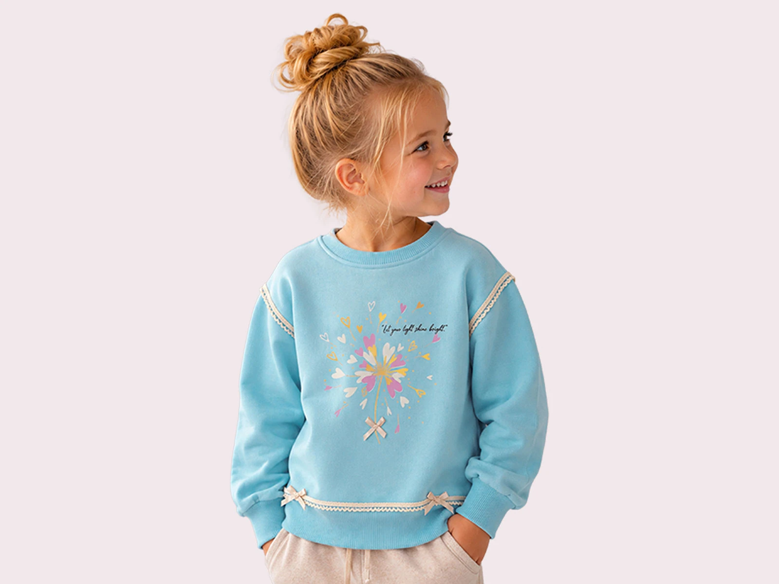 Toptan ROYA KİDS Kalp Baskılı Dantel İşlemeli Fiyonk Detaylı Kız Sweat  Toptan Bebek Çocuk Giyim - Beniz Kids
