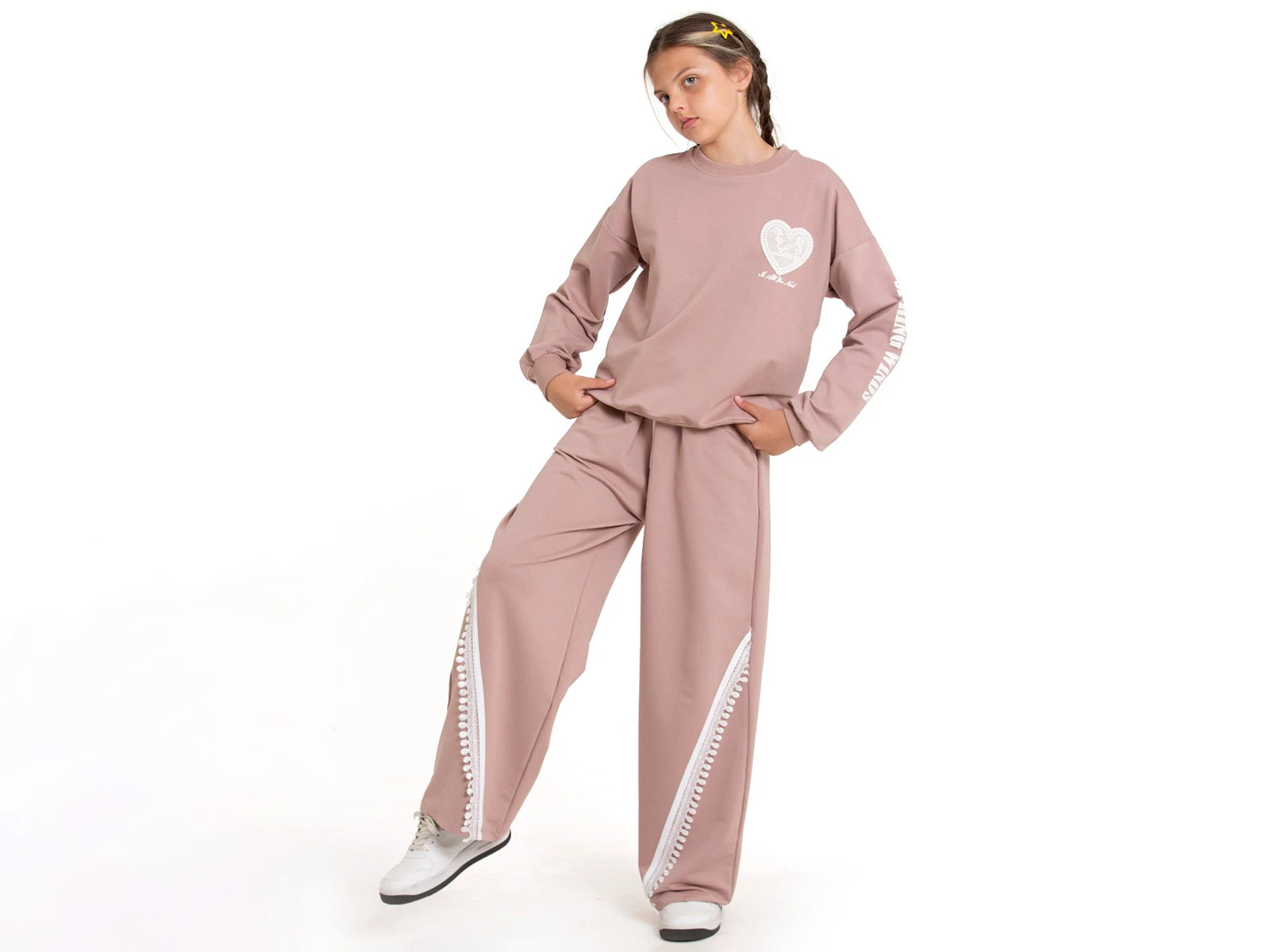 Toptan COOL KİDS Kalp Baskılı Dantel İşlemeli Kız Takım  Toptan Bebek Çocuk Giyim - Beniz Kids