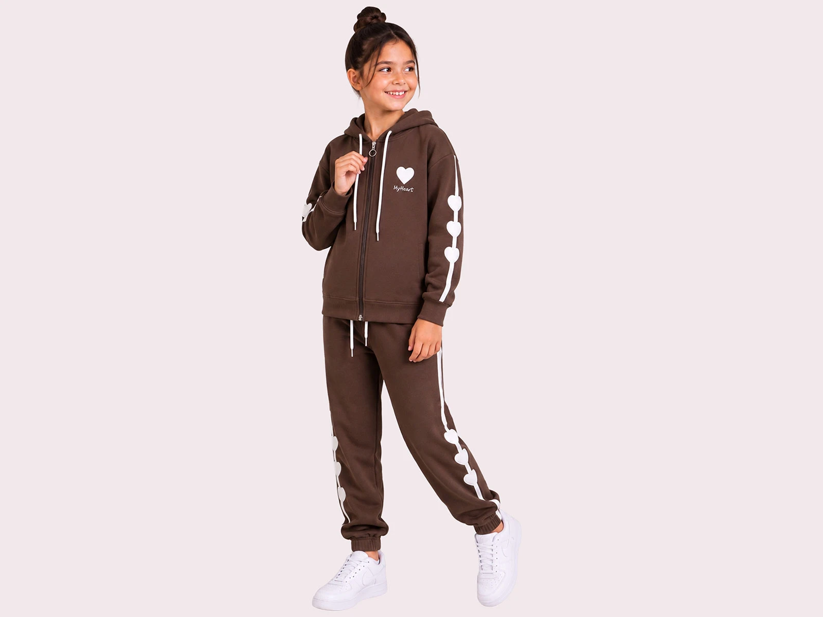 Toptan ROYA KİDS Kalp Baskılı Fermuarlı Kapşonlu 3 İp Şardonlu Kız Takım  Toptan Bebek Çocuk Giyim - Beniz Kids