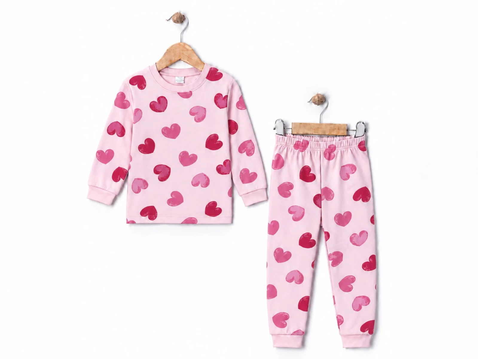 Toptan SÜPERMİNİ Kalp Desenli 2'li Kız Pijama Takımı Toptan Bebek Çocuk Giyim - Beniz Kids