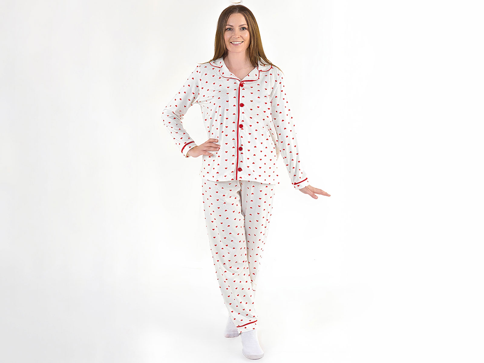 Kalp Desenli Yakalı Düğmeli Anne Pijama Kombin Takım
