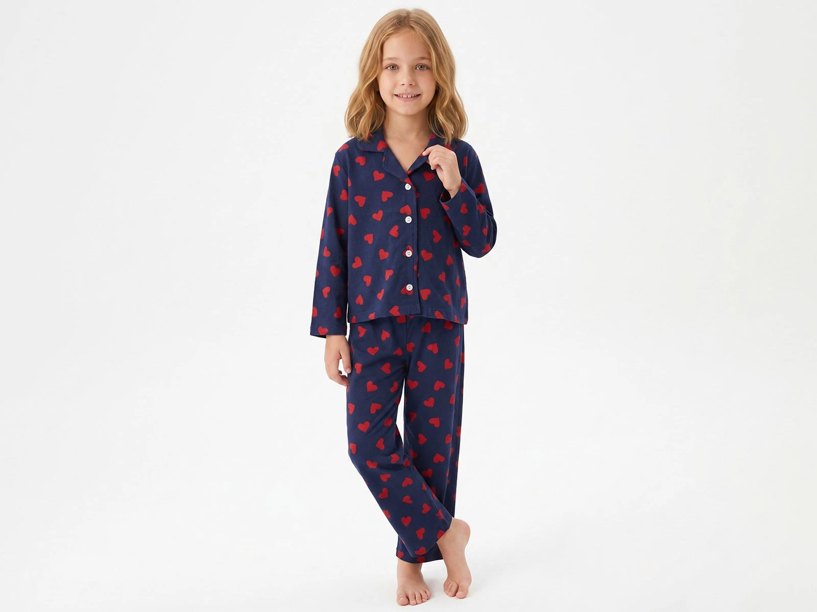 Toptan İSOBEL Kalp Desenli Düğmeli Kız Pijama Takım Toptan Bebek Çocuk Giyim - Beniz Kids