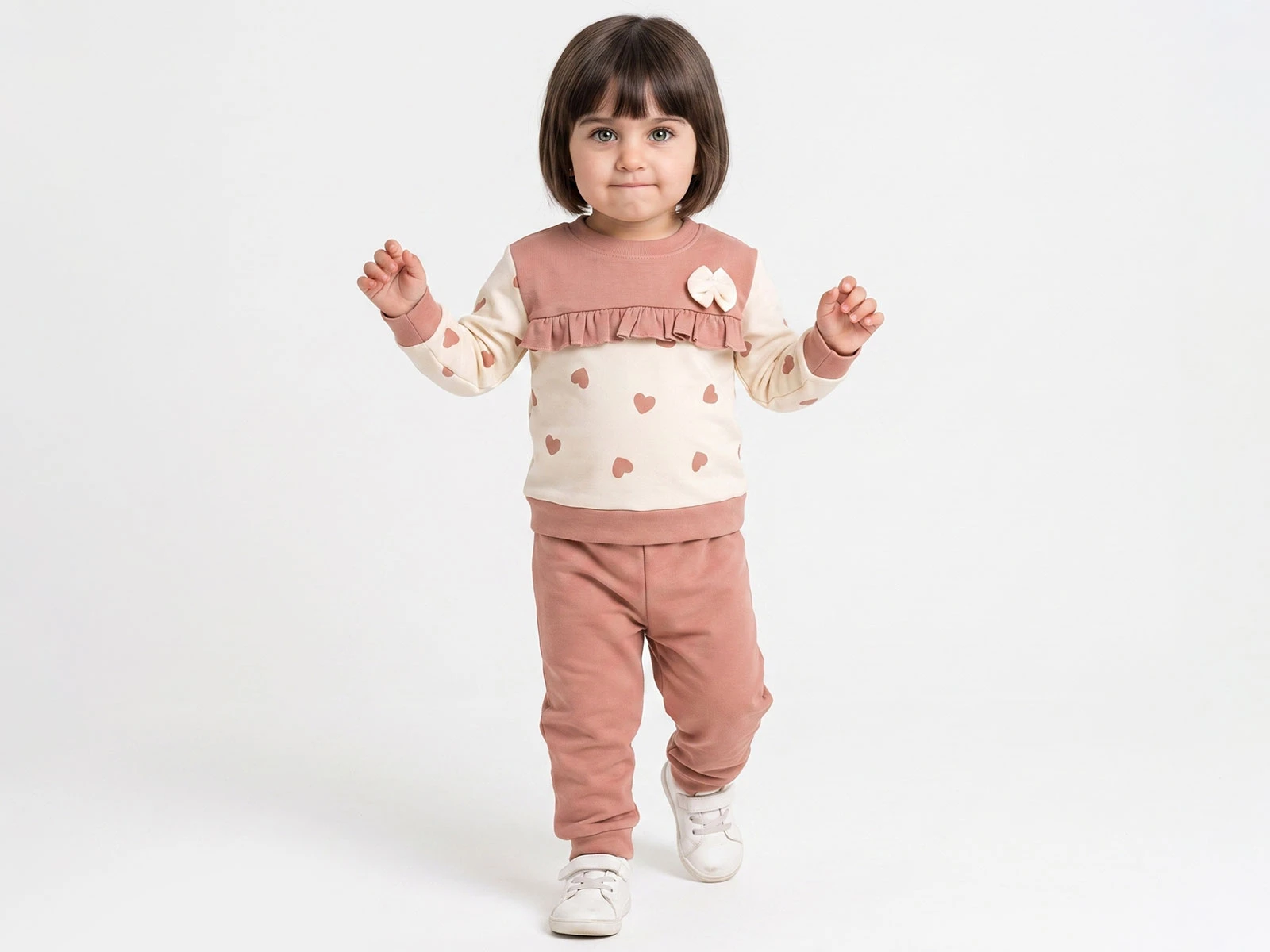Toptan KARACON Kalp Desenli Fırfırlı Fiyonk Detaylı Kız Takım  Toptan Bebek Çocuk Giyim - Beniz Kids