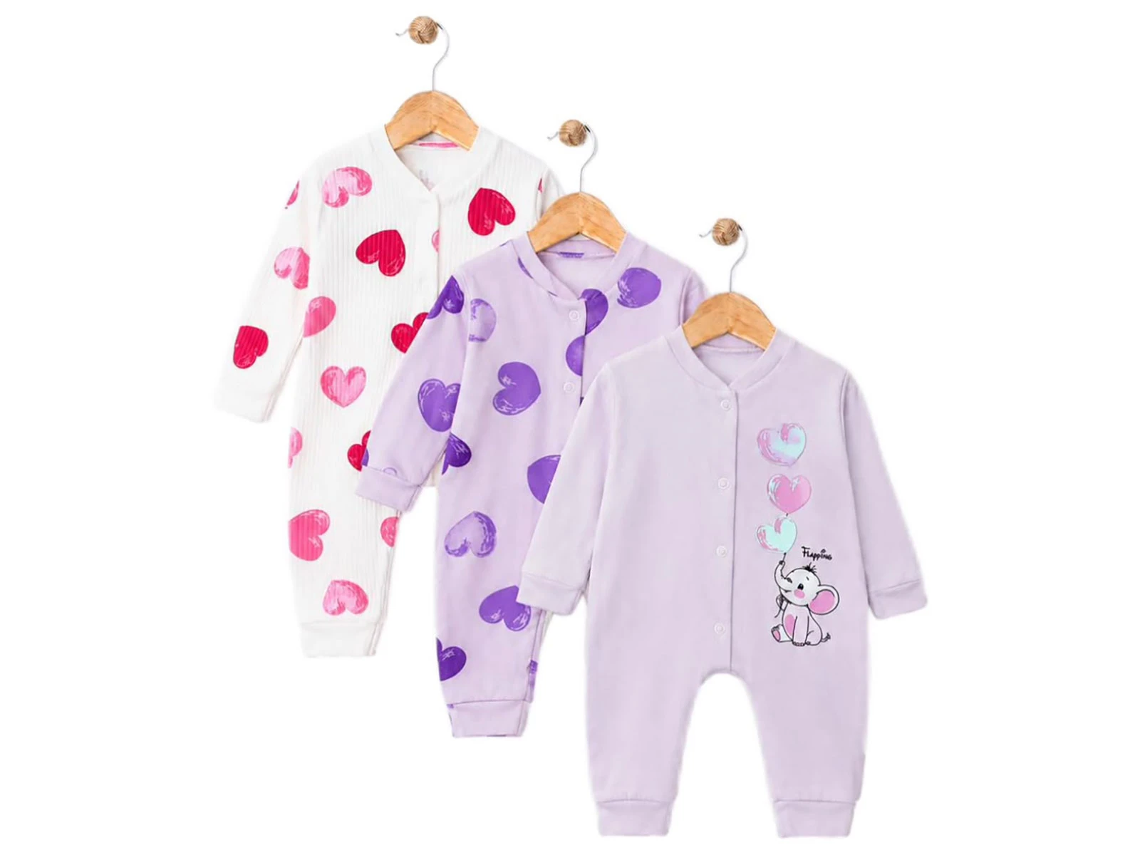Toptan SÜPERMİNİ  Kalp Desenli Kız Bebe Üçlü Tulum  Toptan Bebek Çocuk Giyim - Beniz Kids