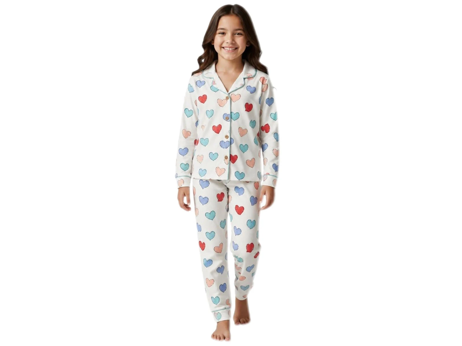 Toptan SÜPERMİNİ  Kalp Desenli Kız Pijama Takım Toptan Bebek Çocuk Giyim - Beniz Kids