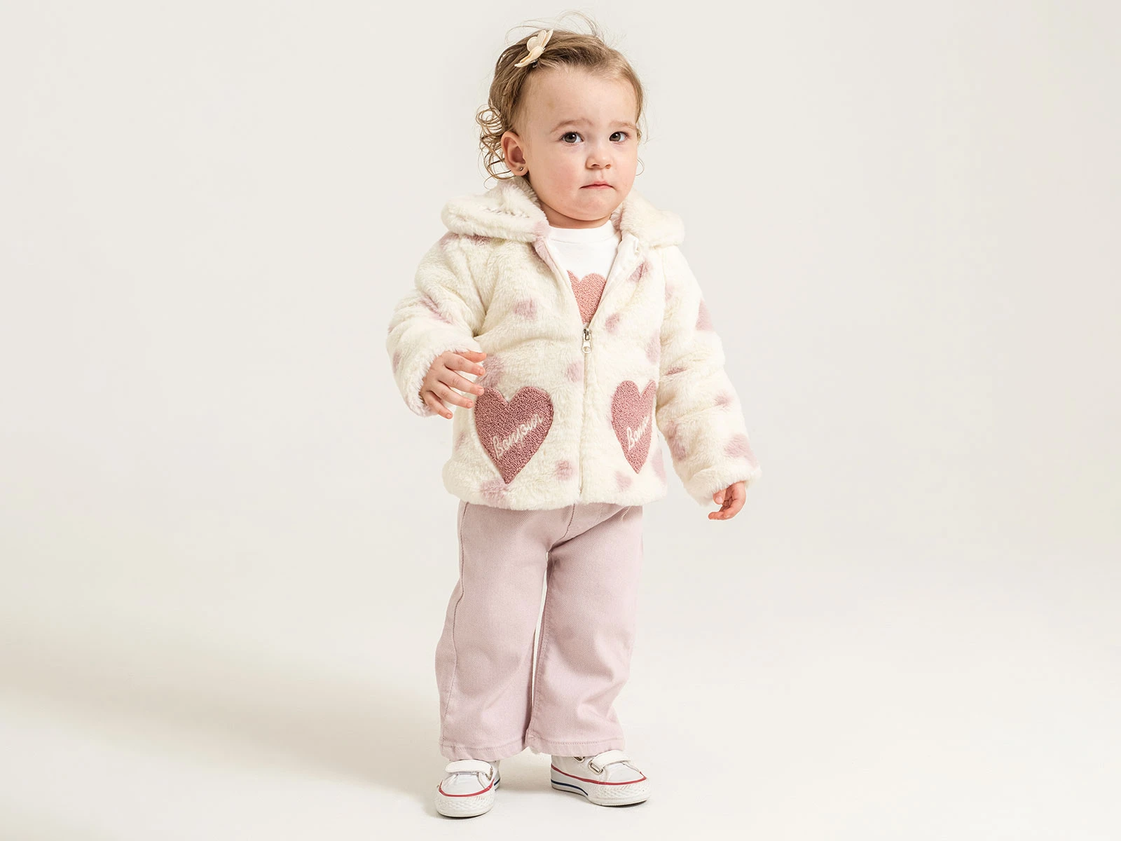 Toptan PAMPAL KİDS Kalp Desenli Peluş Ceketli Üçlü Kız Takım Toptan Bebek Çocuk Giyim - Beniz Kids