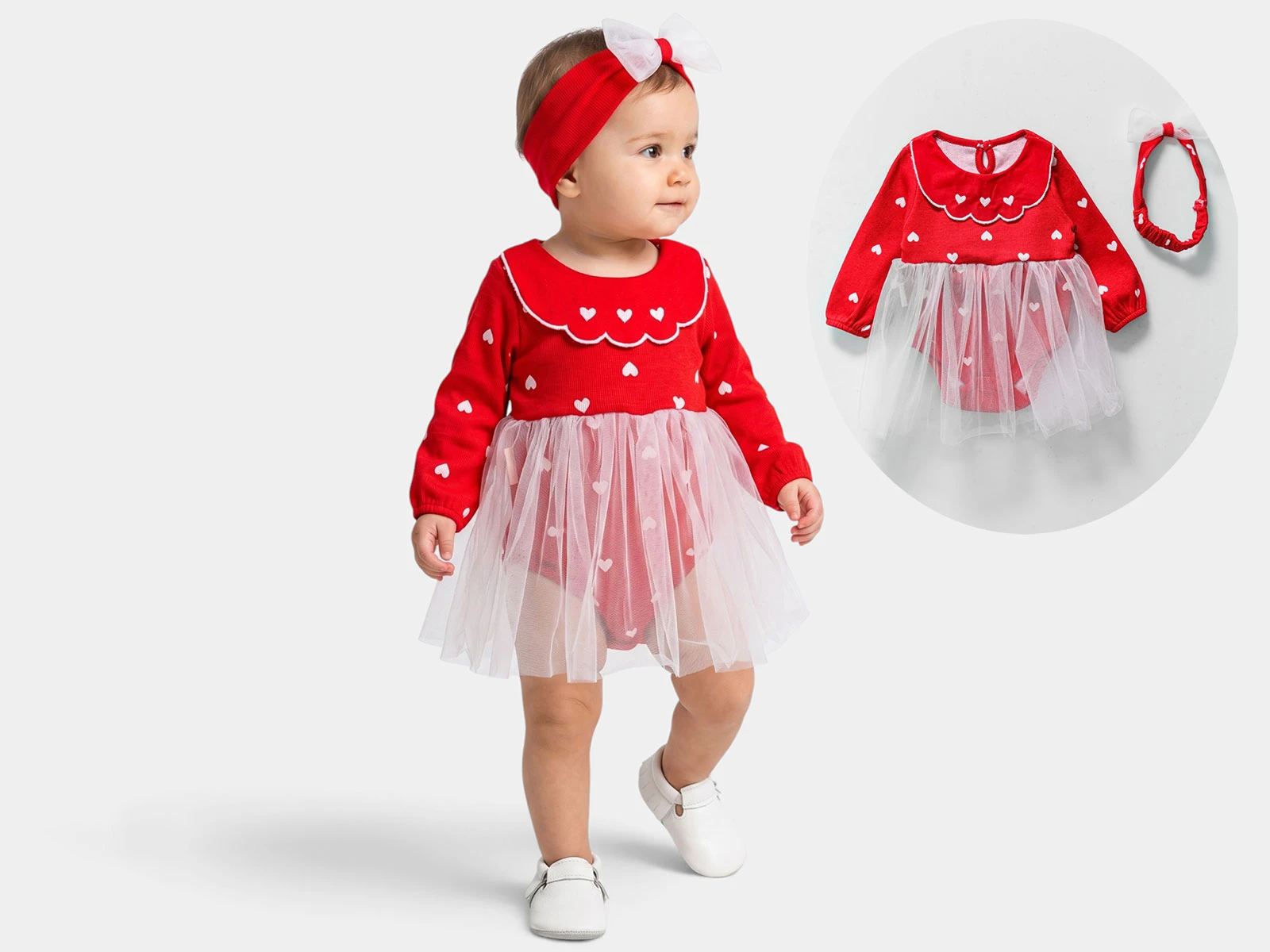 Toptan BAM-BİNO Kalp Desenli Tokalı Tüllü Kız Bebe Elbise  Toptan Bebek Çocuk Giyim - Beniz Kids
