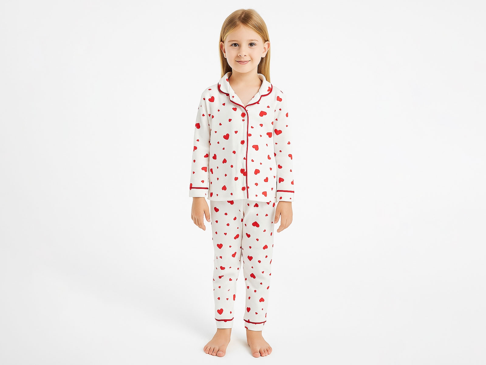 Kalp Desenli Yakalı Düğmeli Kız Pijama Takım
