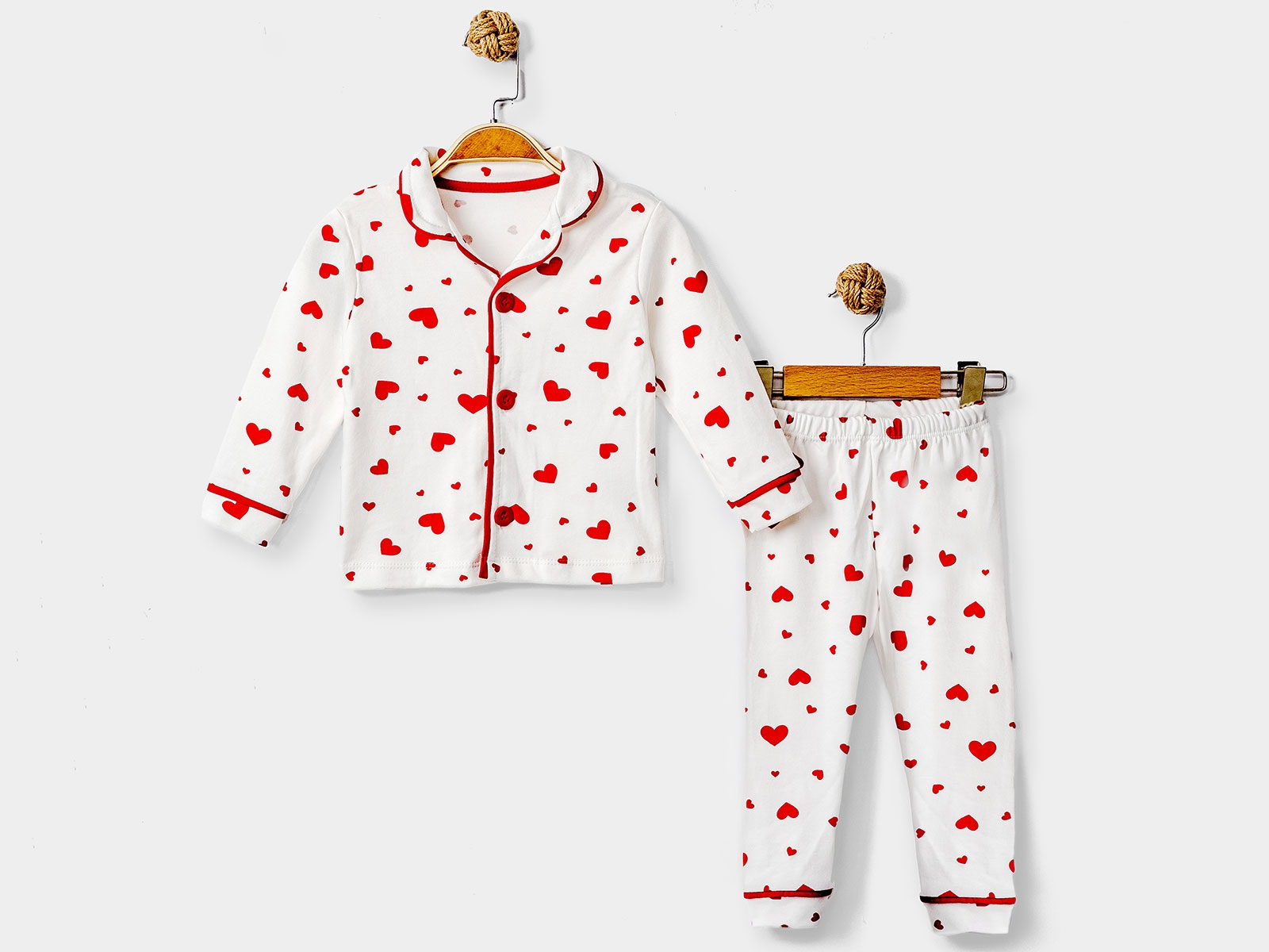 Toptan DOLAŞ Kalp Desenli Yakalı Düğmeli Kız Pijama Takım Toptan Bebek Çocuk Giyim - Beniz Kids