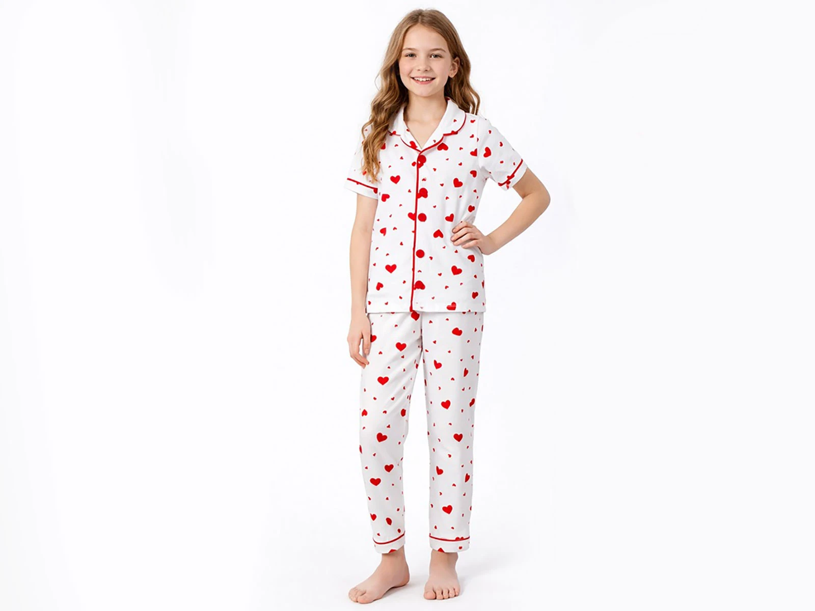Kalp Desenli Yakalı Düğmeli Kız Pijama Takım