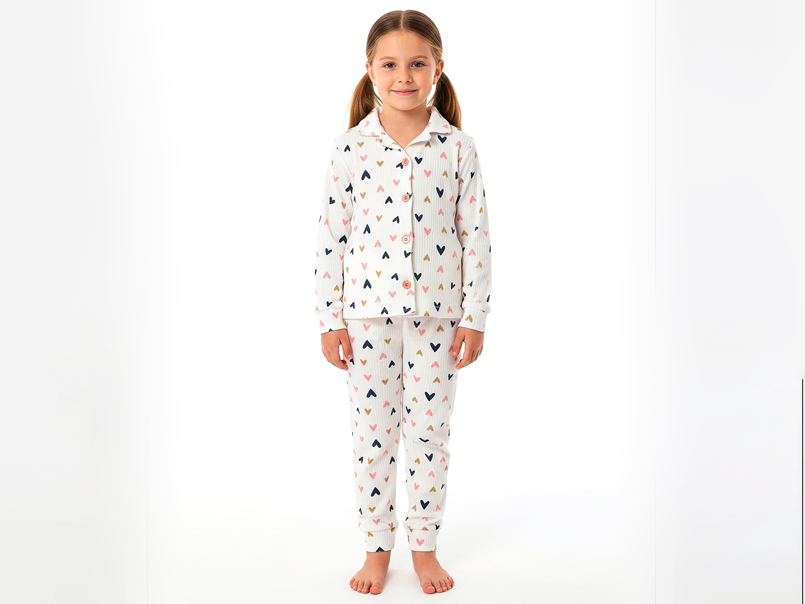 Kalp Desenli Yakalı Kız Pijama Takım 