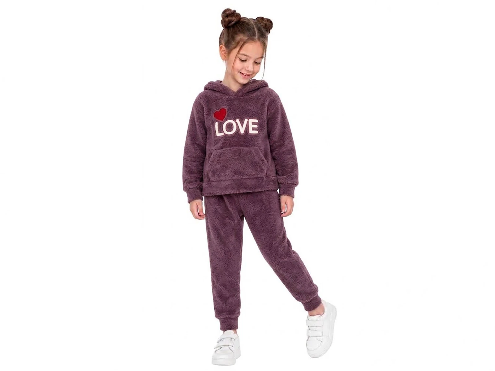 Toptan CMK Kalp Nakışlı Well Soft Peluş Kumaş Kız Takım  Toptan Bebek Çocuk Giyim - Beniz Kids