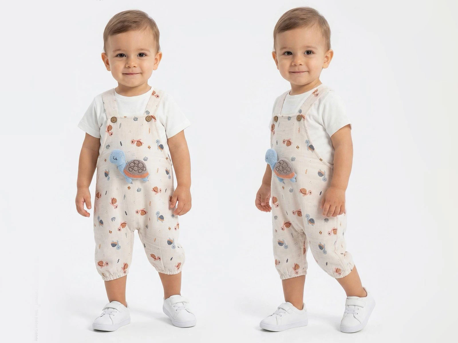 Kaplumbağa Desenli Bebe İkili Salopet Set