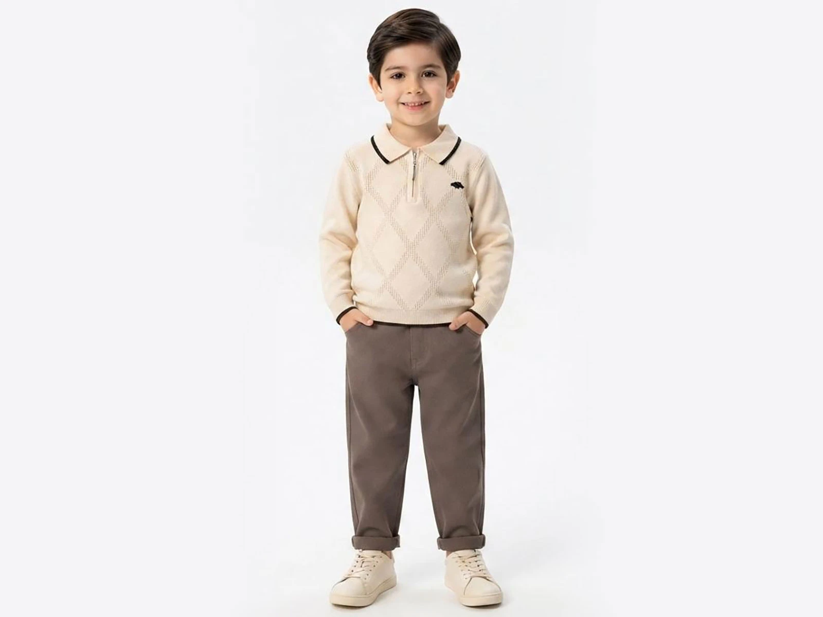 Toptan WEENY KİDS Kare Desenli Fermuarlı Triko Erkek Takım  Toptan Bebek Çocuk Giyim - Beniz Kids