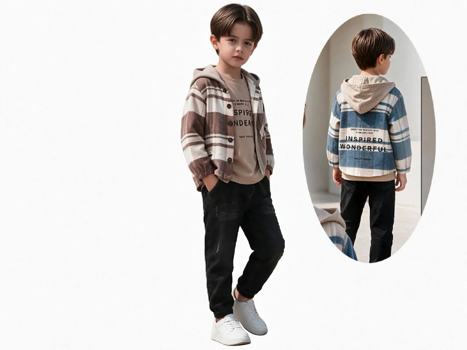Toptan JUNİOR CLASS Kare Desenli Şapkalı Ceketli Erkek Takım  Toptan Bebek Çocuk Giyim - Beniz Kids