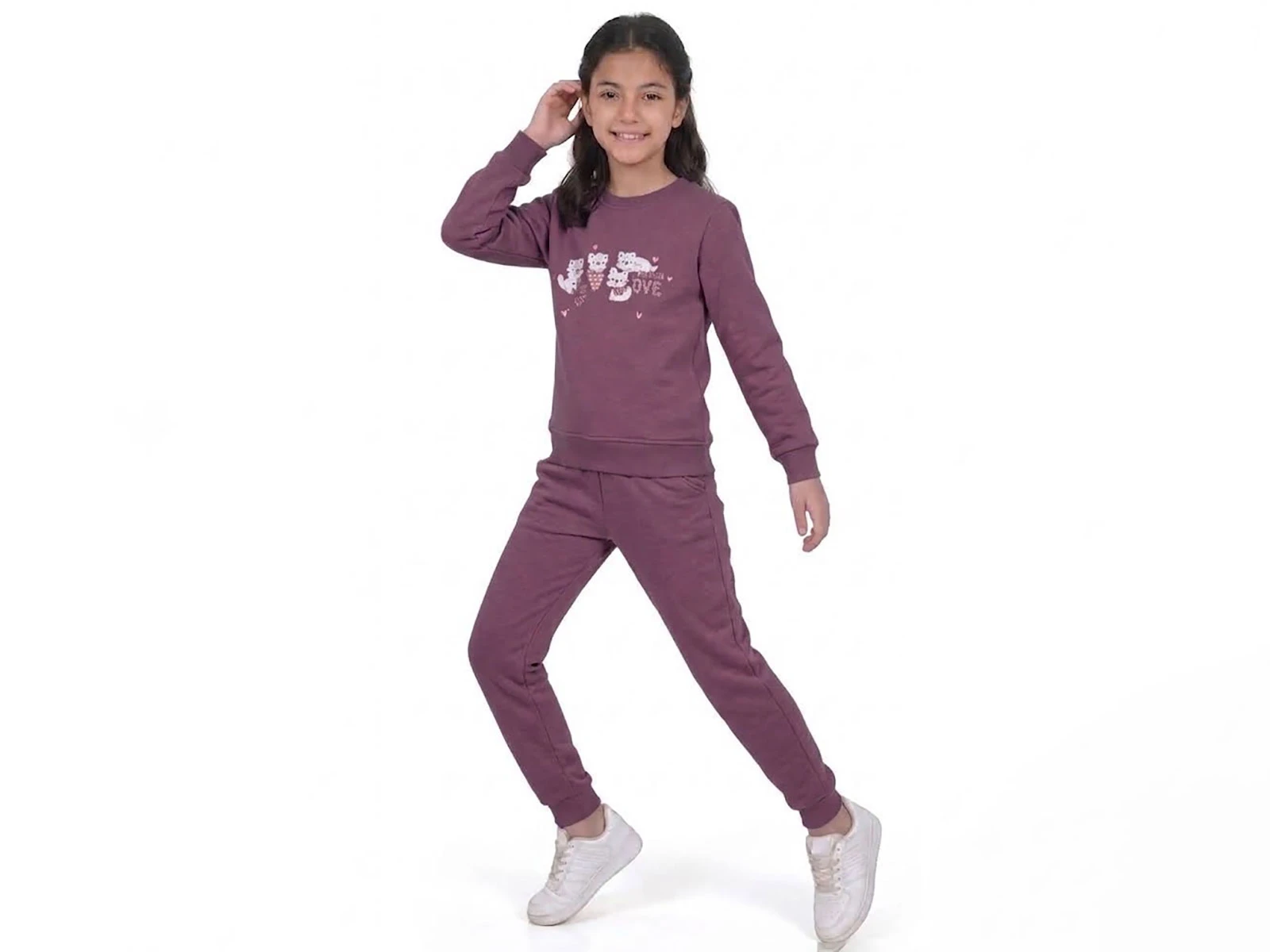 Toptan CMK Kedi Baskılı 3 İp Şardonlu Kız Takım  Toptan Bebek Çocuk Giyim - Beniz Kids