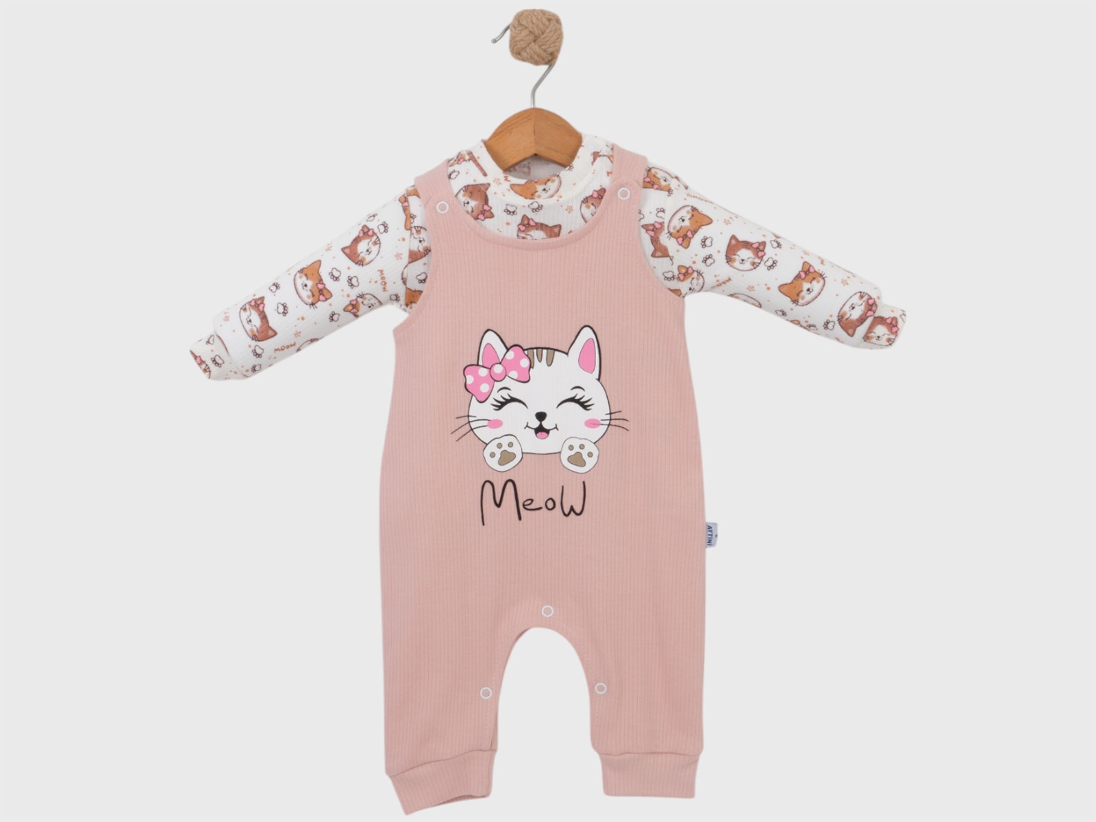 Kedi Baskılı Kız Bebe İkili Tulum Set
