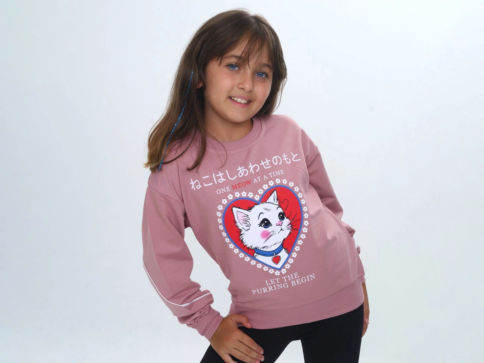 Toptan VIZVIZ Kedi Baskılı Kız Sweat  Toptan Bebek Çocuk Giyim - Beniz Kids