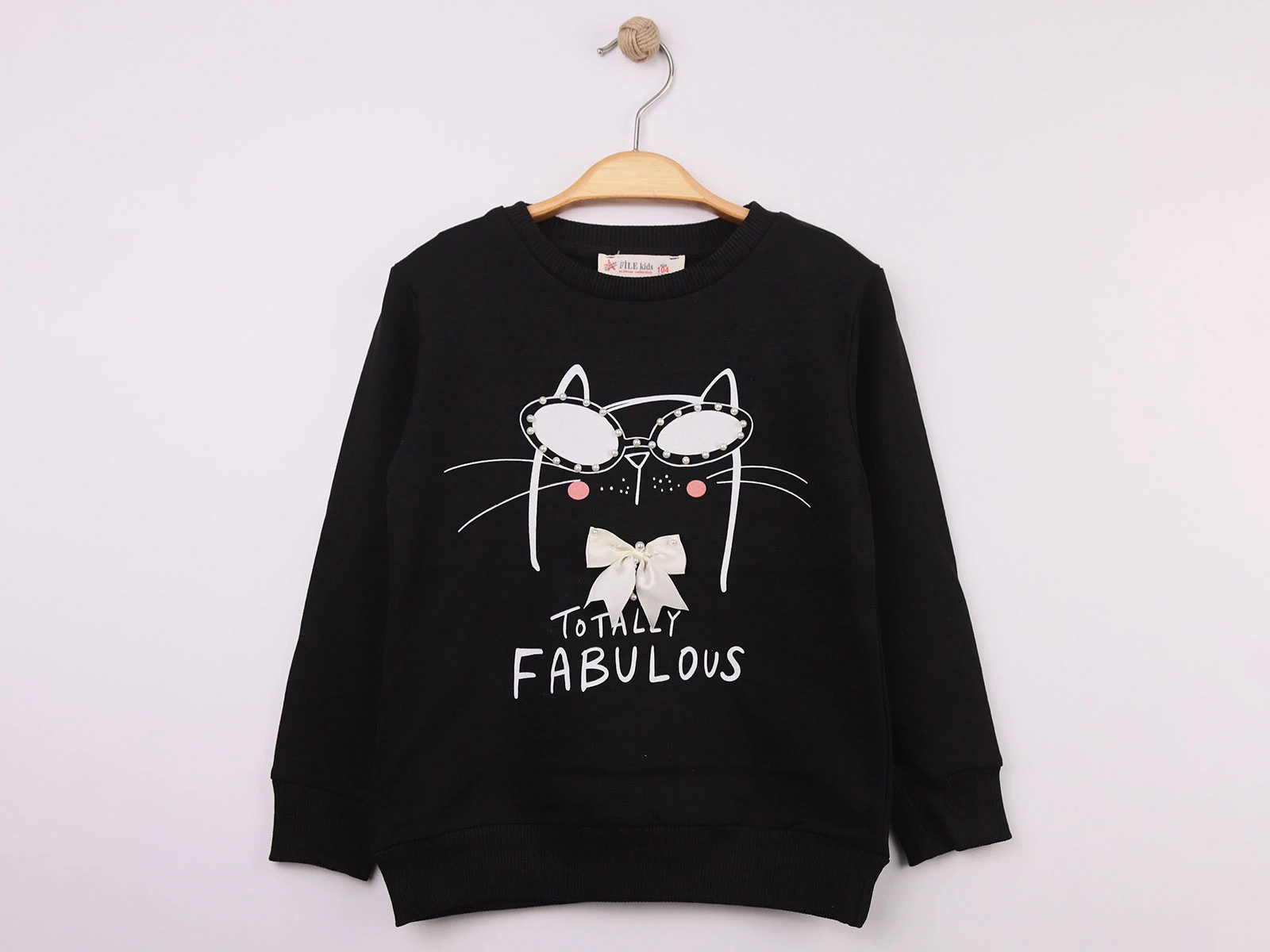 Toptan STAR FİLE Kedi Baskılı Taş Detaylı Kız Sweat  Toptan Bebek Çocuk Giyim - Beniz Kids