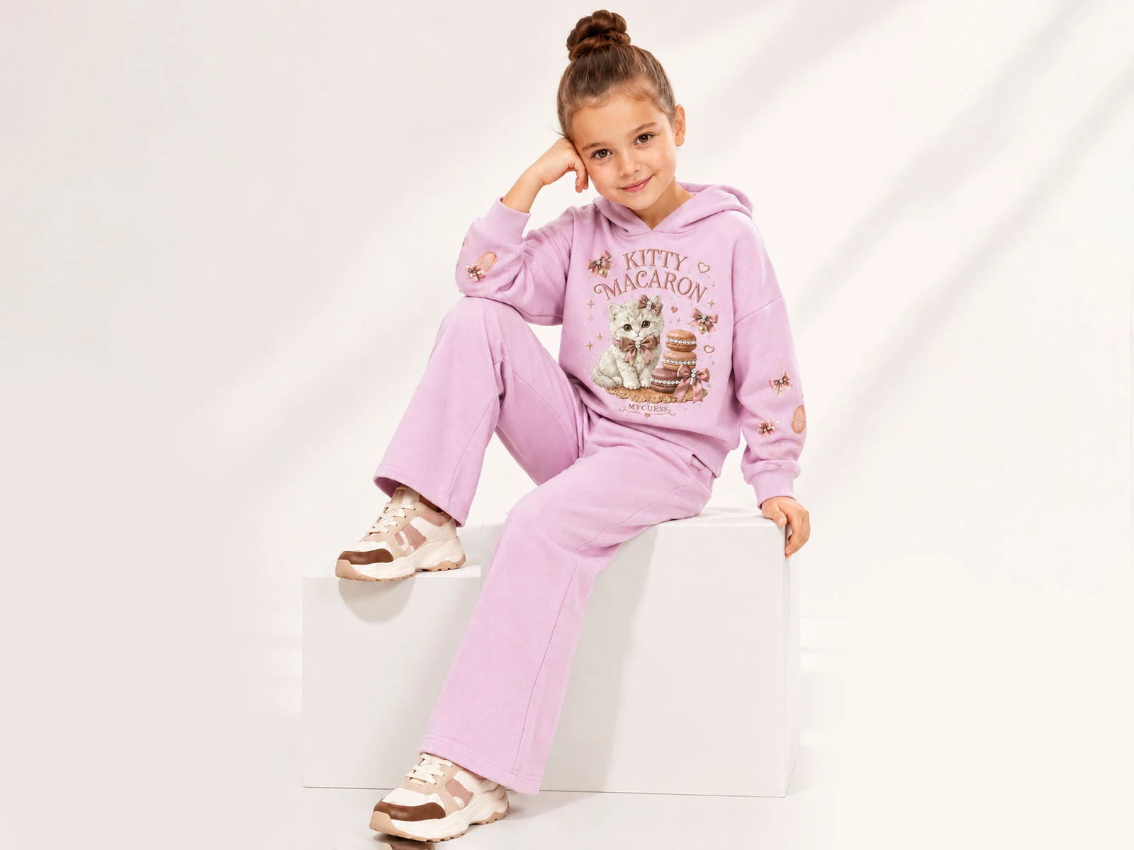 Toptan LADY GOLD Kedi Baskılı Taş Detaylı Kız Takım  Toptan Bebek Çocuk Giyim - Beniz Kids