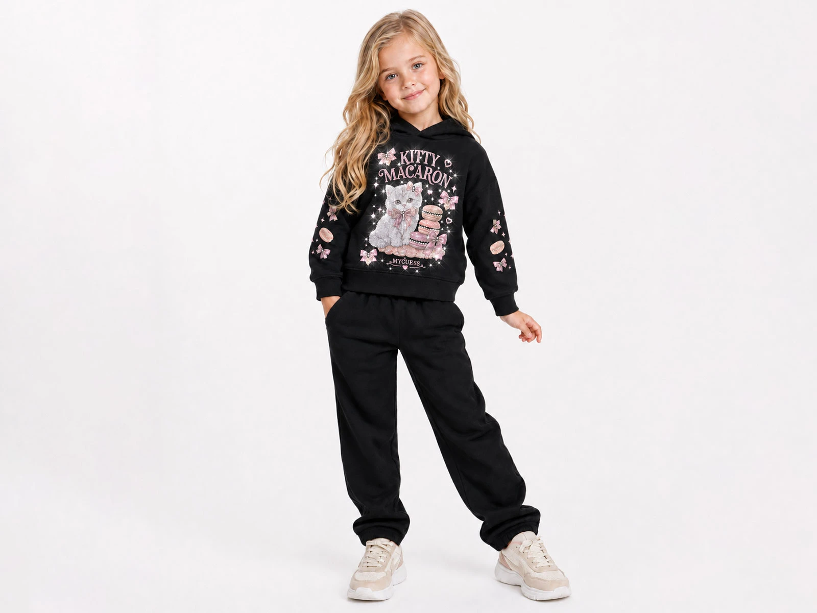 Toptan LADY GOLD Kedi Baskılı Taş Detaylı Kız Takım  Toptan Bebek Çocuk Giyim - Beniz Kids