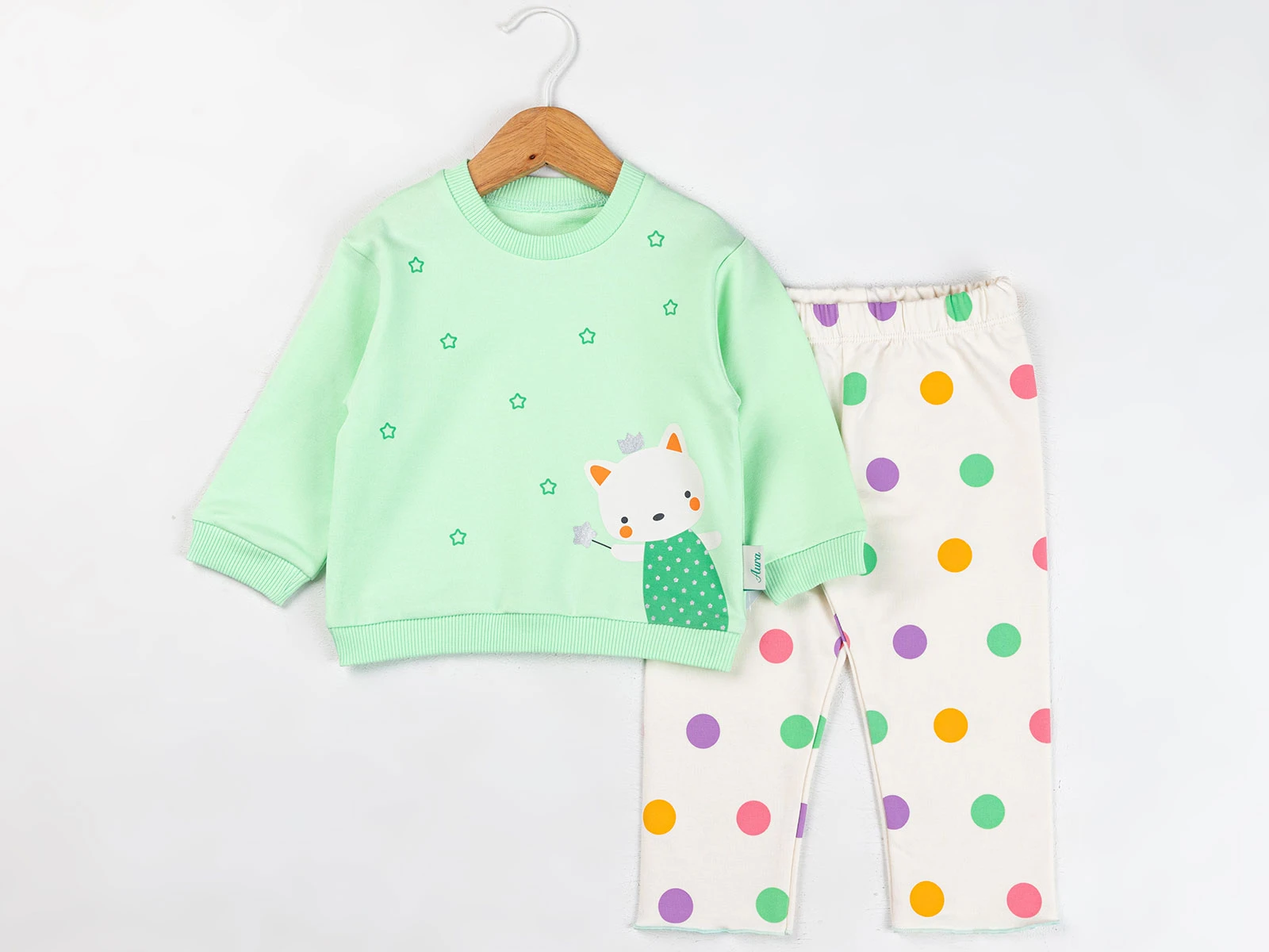 Toptan COMİX Kedi Baskılı Yıldız Desenli Kız Bebe Takım  Toptan Bebek Çocuk Giyim - Beniz Kids
