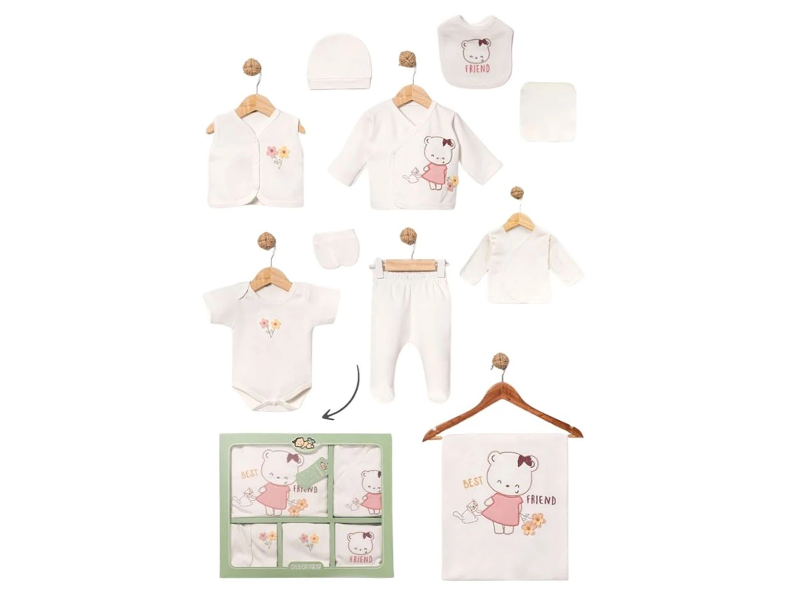 Toptan BABY ZUHU Kedi Detay 10'lu Hastane Çıkışı Kız Bebek Zıbın Set Toptan Bebek Çocuk Giyim - Beniz Kids