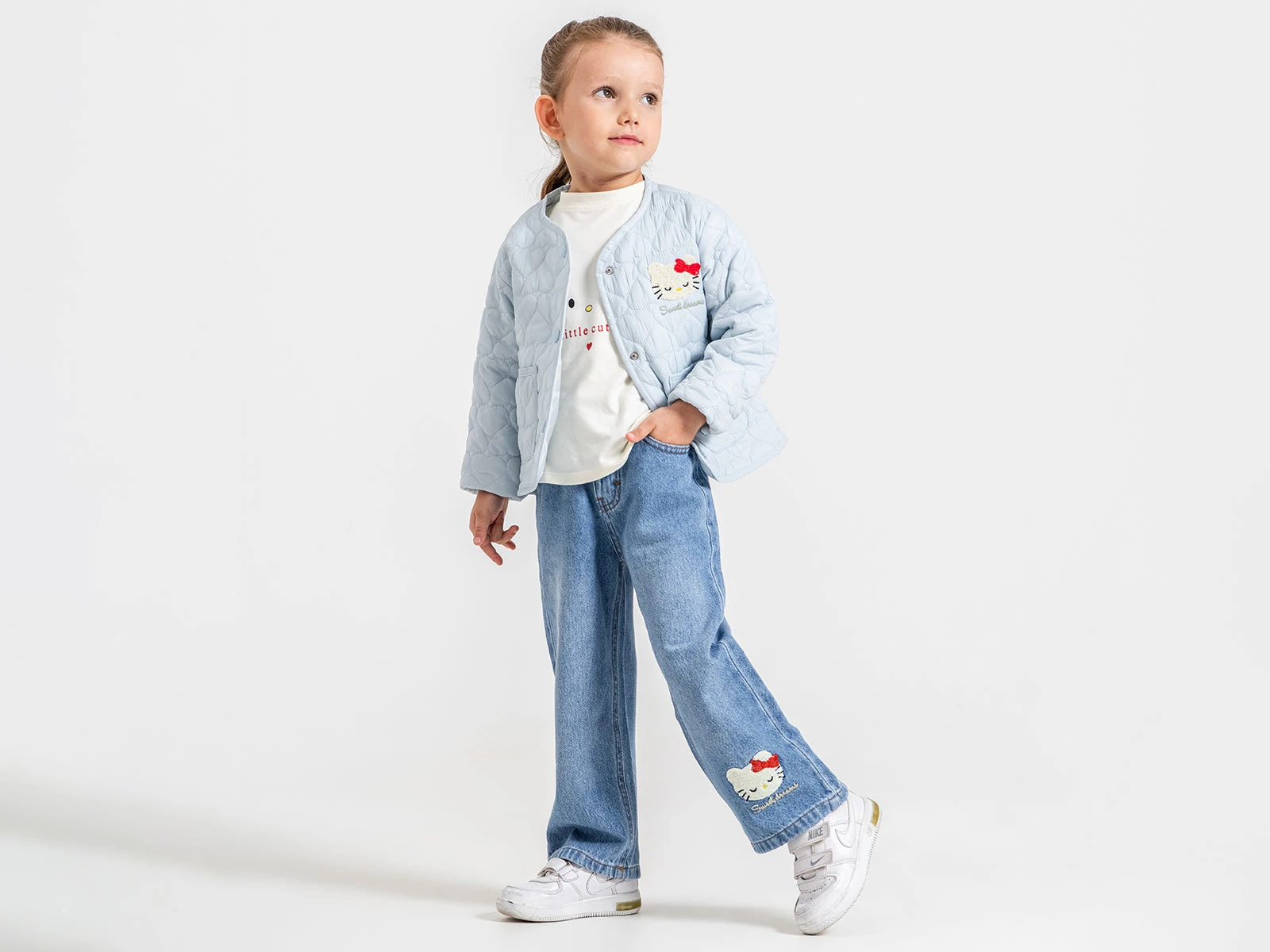 Toptan ECOLKIZ Kedi Nakışlı Ceketli Üçlü Kız Takım Toptan Bebek Çocuk Giyim - Beniz Kids