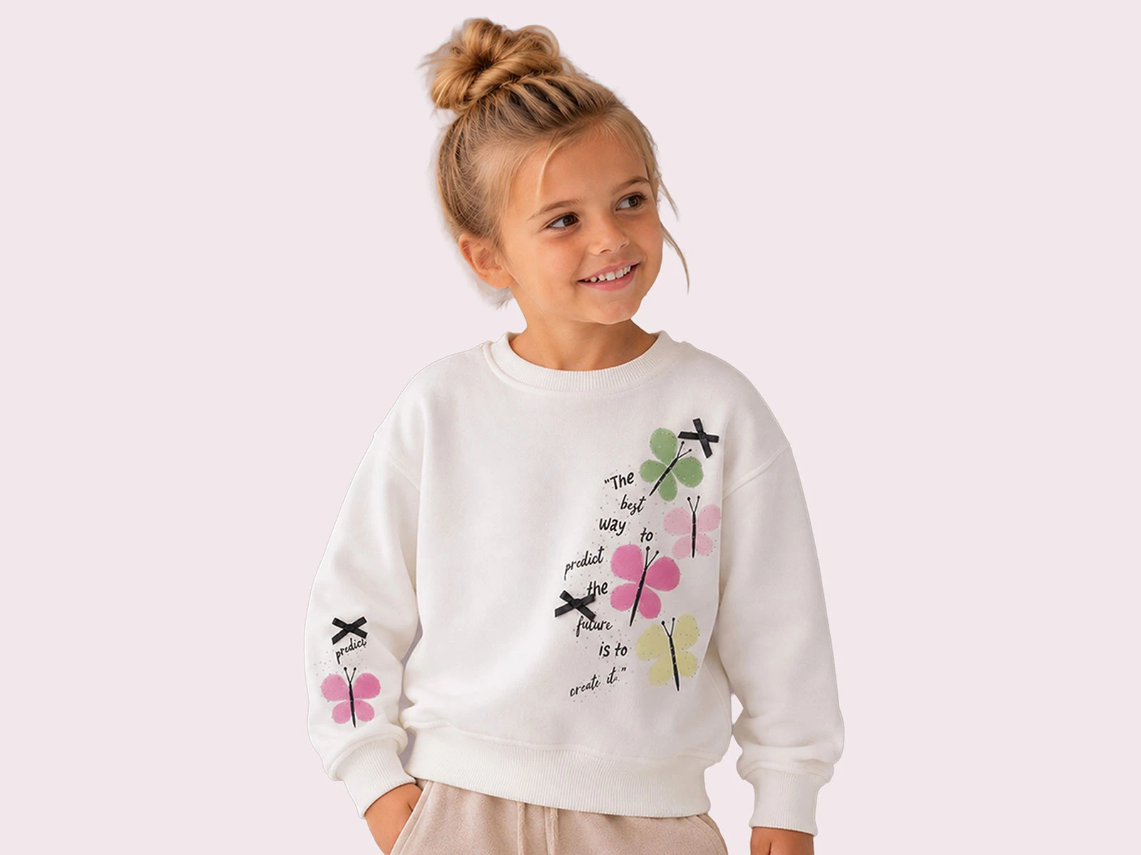 Toptan ROYA KİDS Kelebek Baskılı Fiyonk Detaylı 3 İp Şardonlu Kız Takım  Toptan Bebek Çocuk Giyim - Beniz Kids