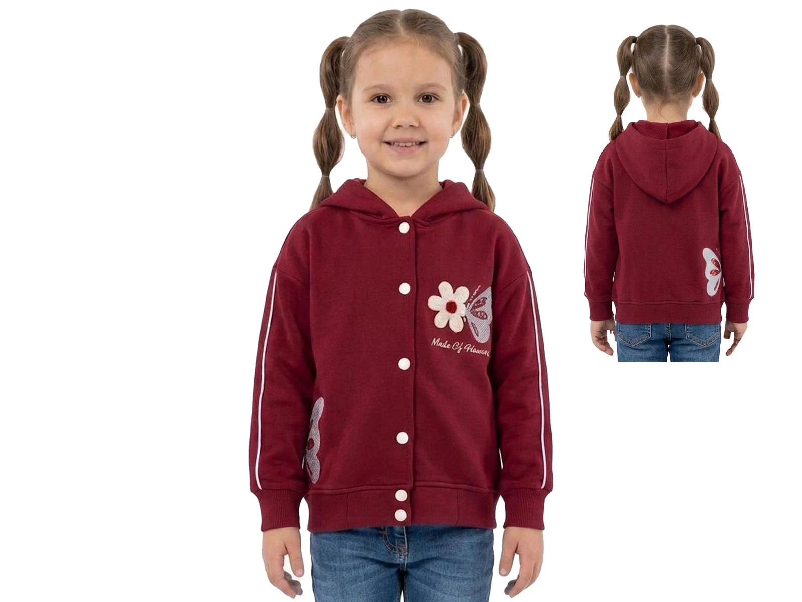 Toptan ROYA KİDS Kelebek & Çiçek Nakışlı 3 İp Şardonlu Kapşonlu Kız Hırka  Toptan Bebek Çocuk Giyim - Beniz Kids